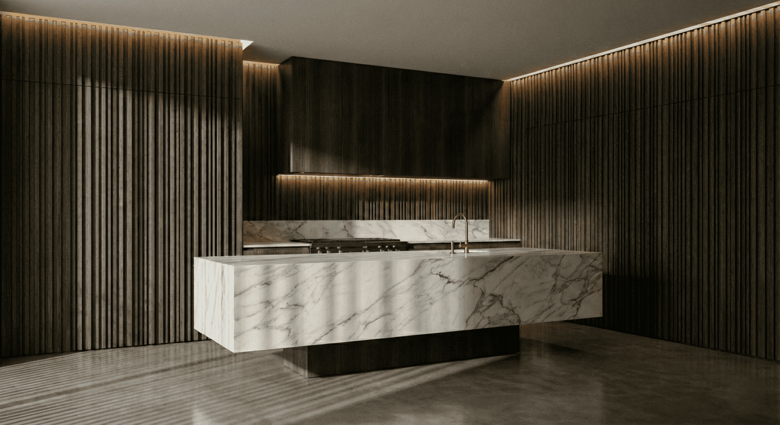 Sophisticated modern luxury kitchen cabinets Burnaby featuring floor-to-ceiling dark slatted wood millwork and a cantilevered marble island.
