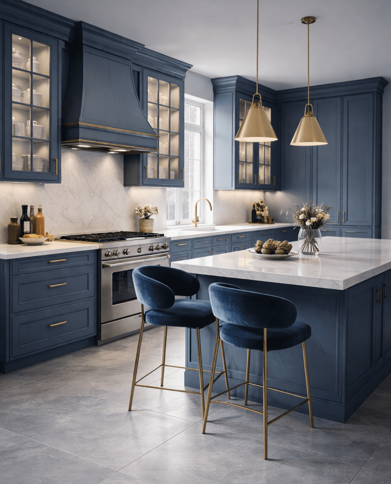 Bespoke navy blue lacquer kitchen cabinetry with elegant, light-reflecting finishes. Premium custom millwork crafted for sophisticated Vancouver residences.
