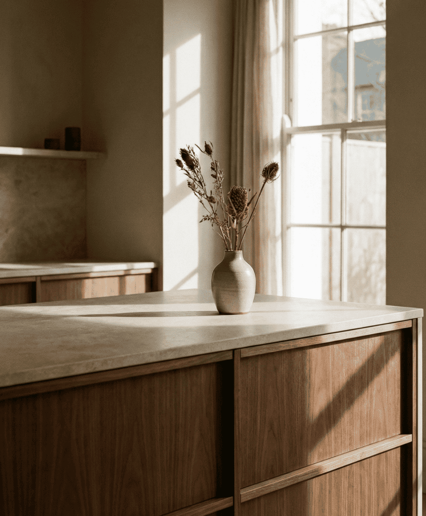 Sunlit wooden kitchen counter inspiring your next custom cabinetry consultation Vancouver.