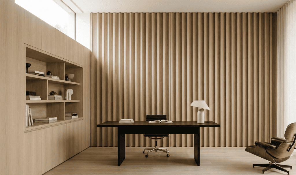 Home office featuring fluted wood wall paneling and built-in shelving. Premium architectural millwork for Vancouver luxury homes.