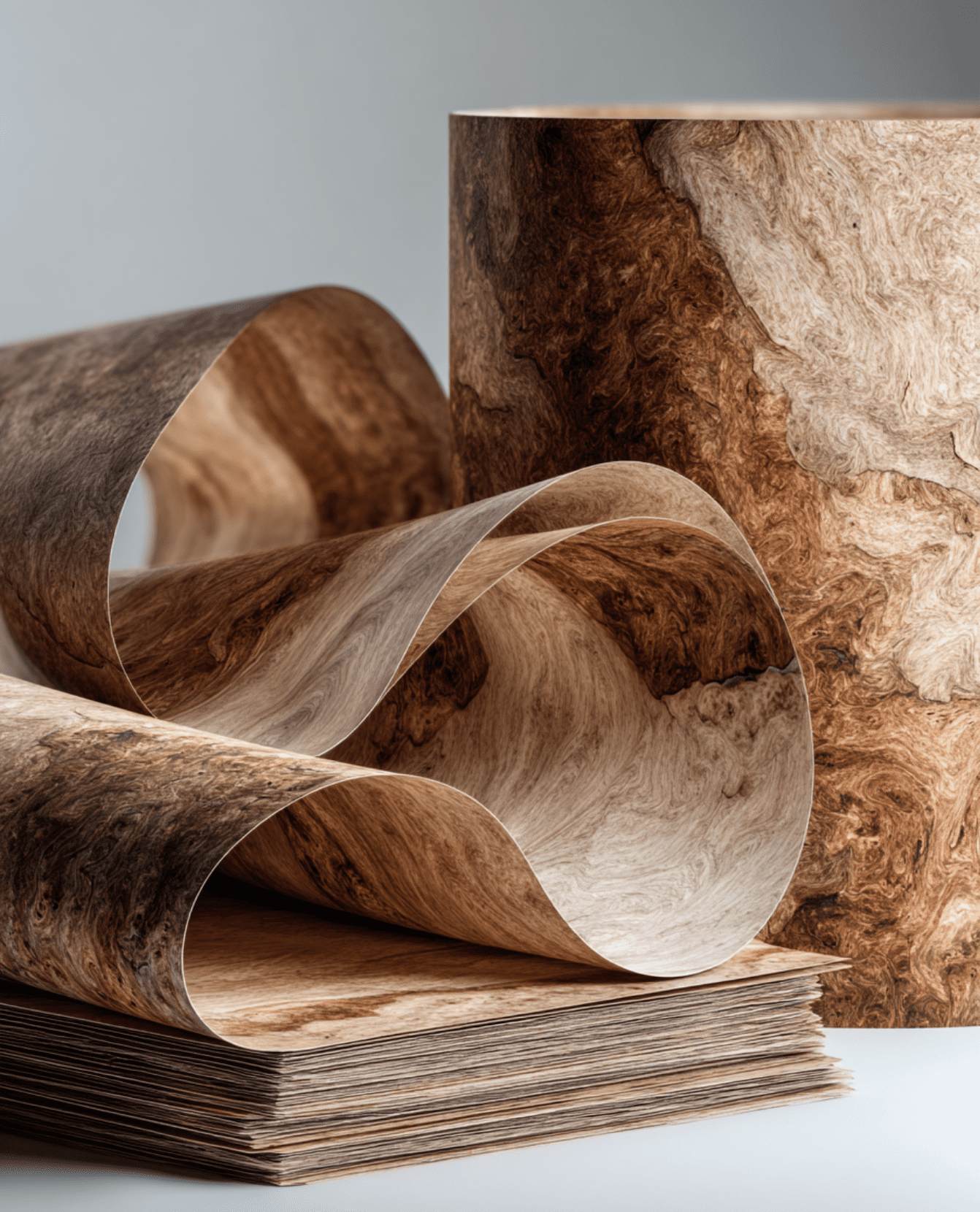 Curled sheets of highly figured burl wood veneers. Providing exotic architectural millwork materials for Surrey interior designers.