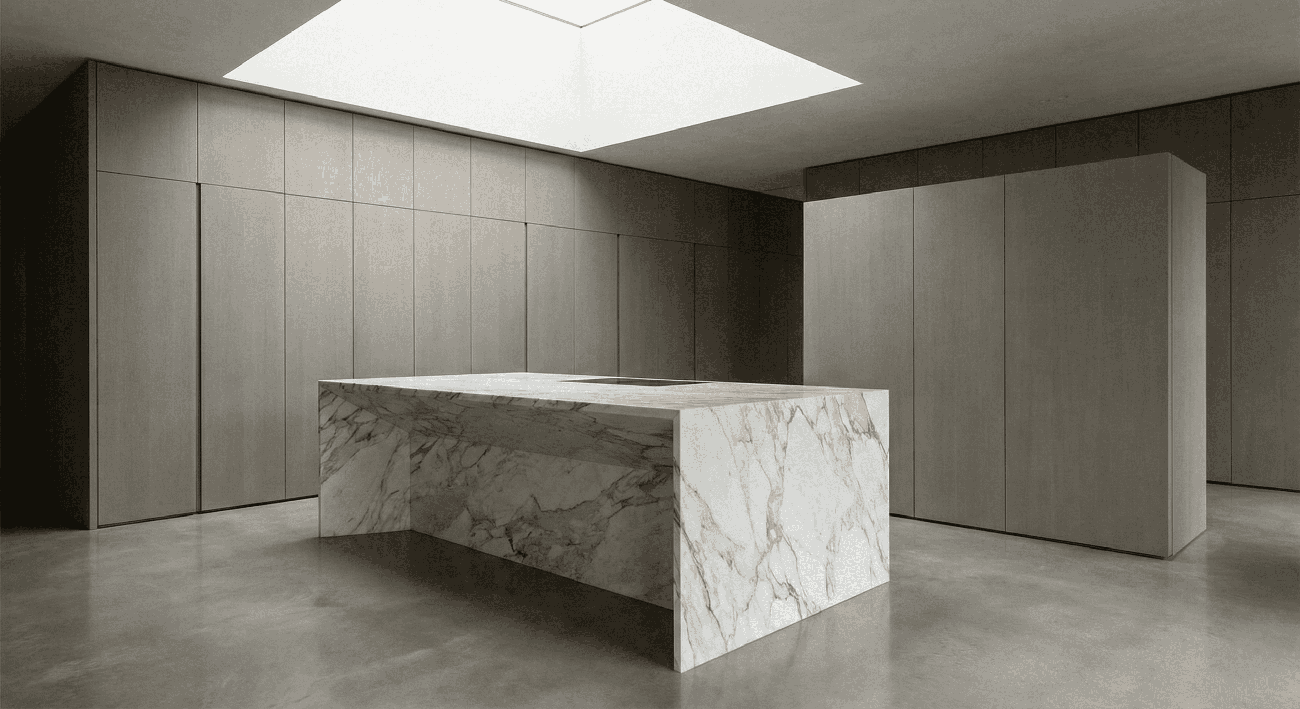 Ultra-minimalist architectural kitchen featuring seamless handleless flush-panel cabinetry, a dramatic geometric monolithic marble island, and overhead skylight illumination. High-end modern bespoke interiors in West Vancouver.