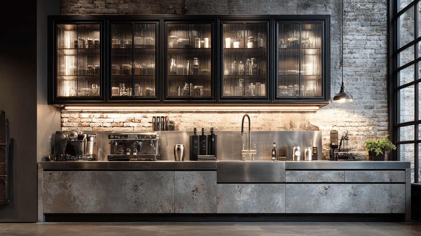 Industrial kitchen with concrete texture cabinets and aluminum-glass frames. Manufactured for Seattle interior design projects.Custom architectural loft millwork in Vancouver.
