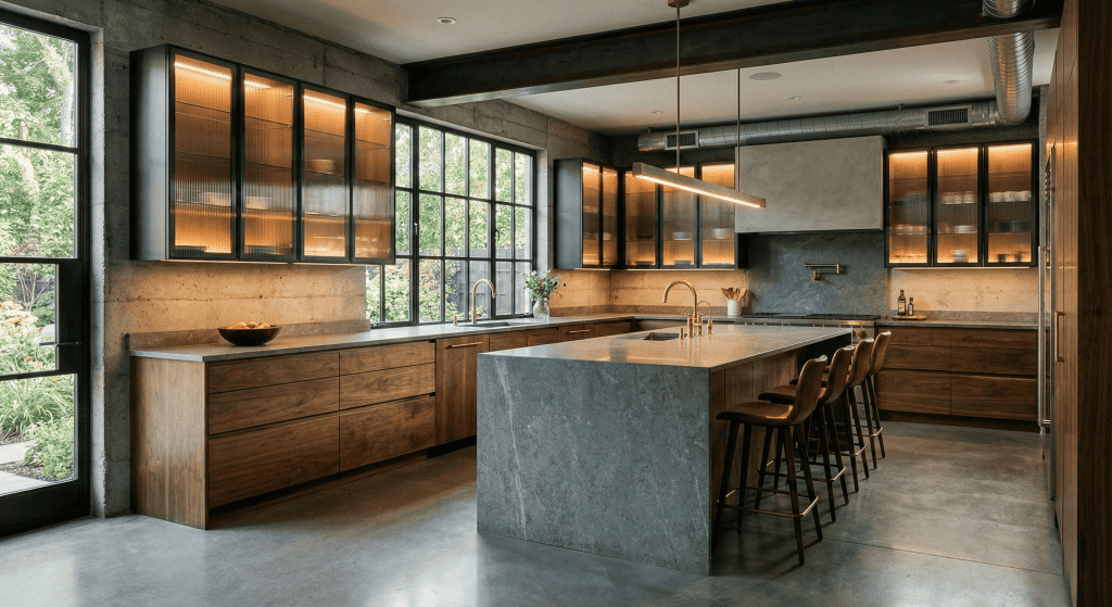 Loft-style kitchen with a concrete island, wood cabinets, and exposed ducts. Architectural millwork for Port Moody custom builders.