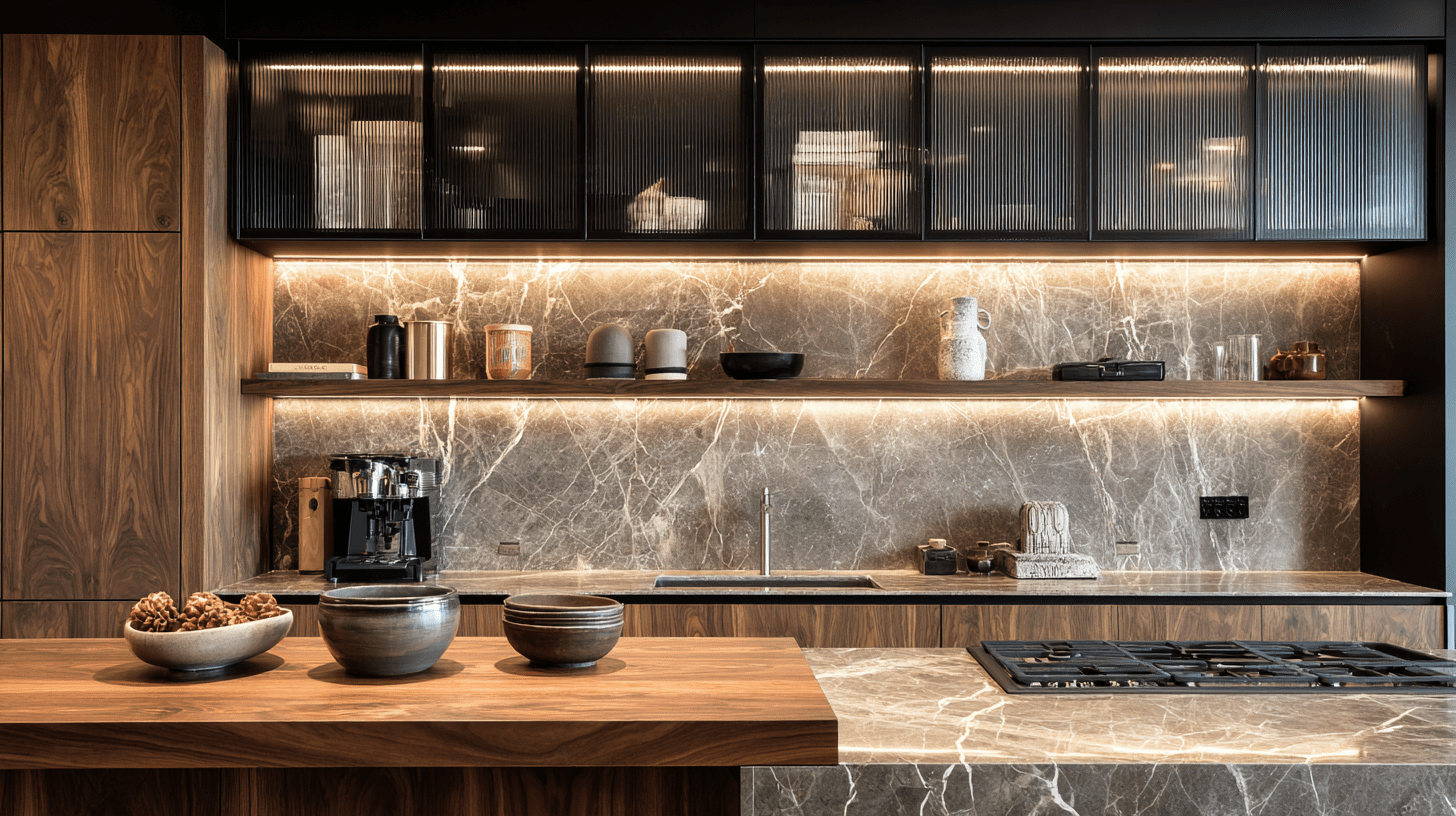 Luxury kitchen combining exotic stone veneers, rich wood, and fluted glass cabinets. Premium millwork for Victoria designers.