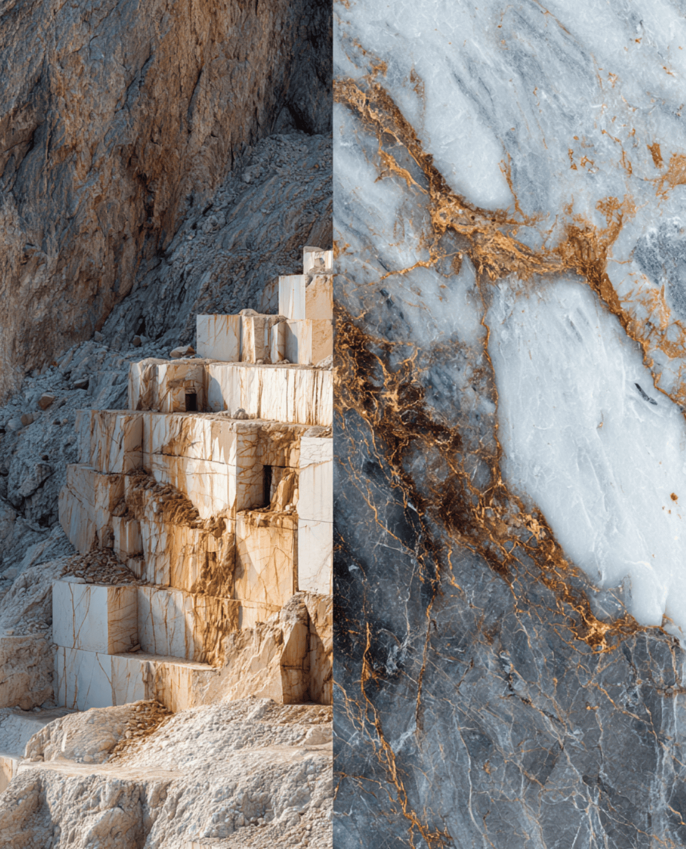 Contrast of a raw marble quarry and a polished blue stone slab with gold veins. Exotic materials for West Vancouver luxury estates.