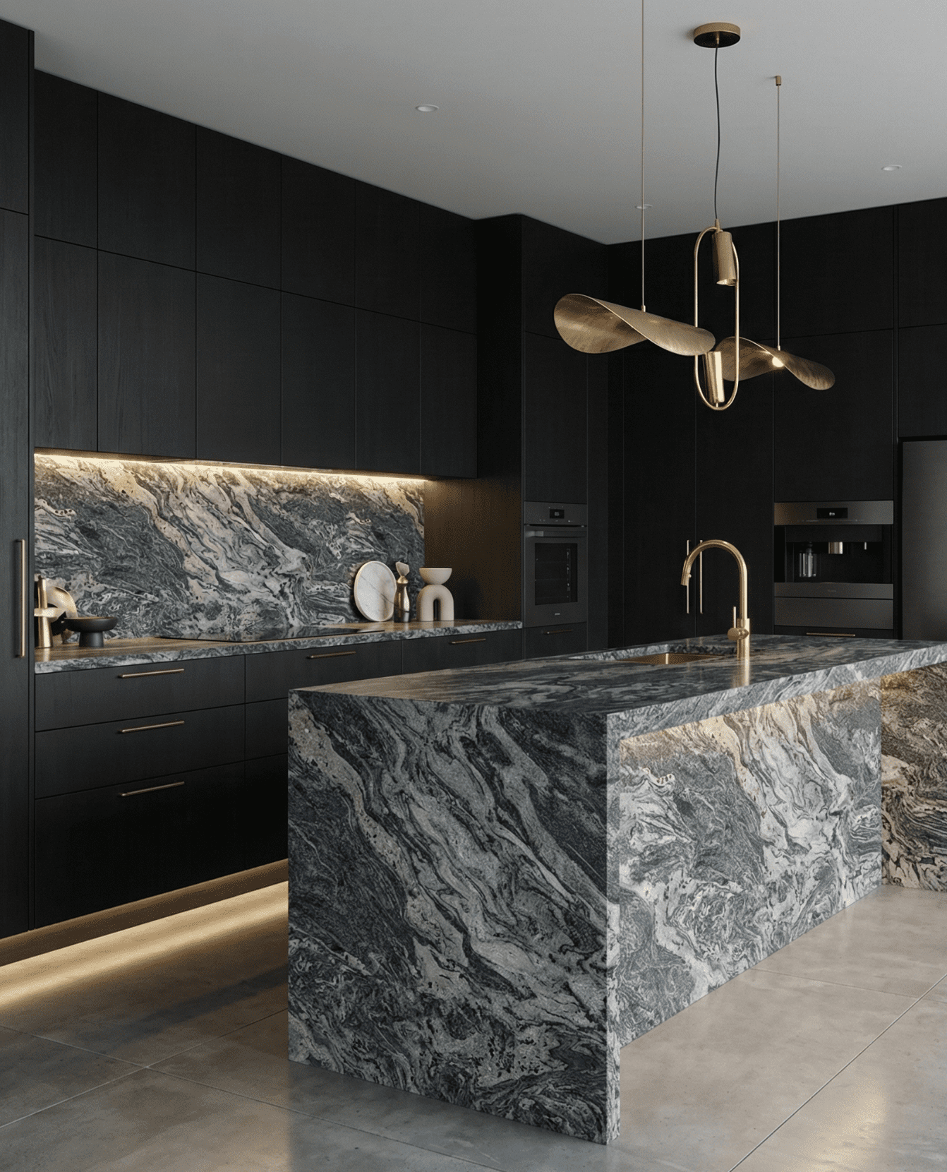 Modern luxury kitchen featuring matte black lacquer cabinetry. Custom architectural millwork solutions designed for West Vancouver high-end homes.