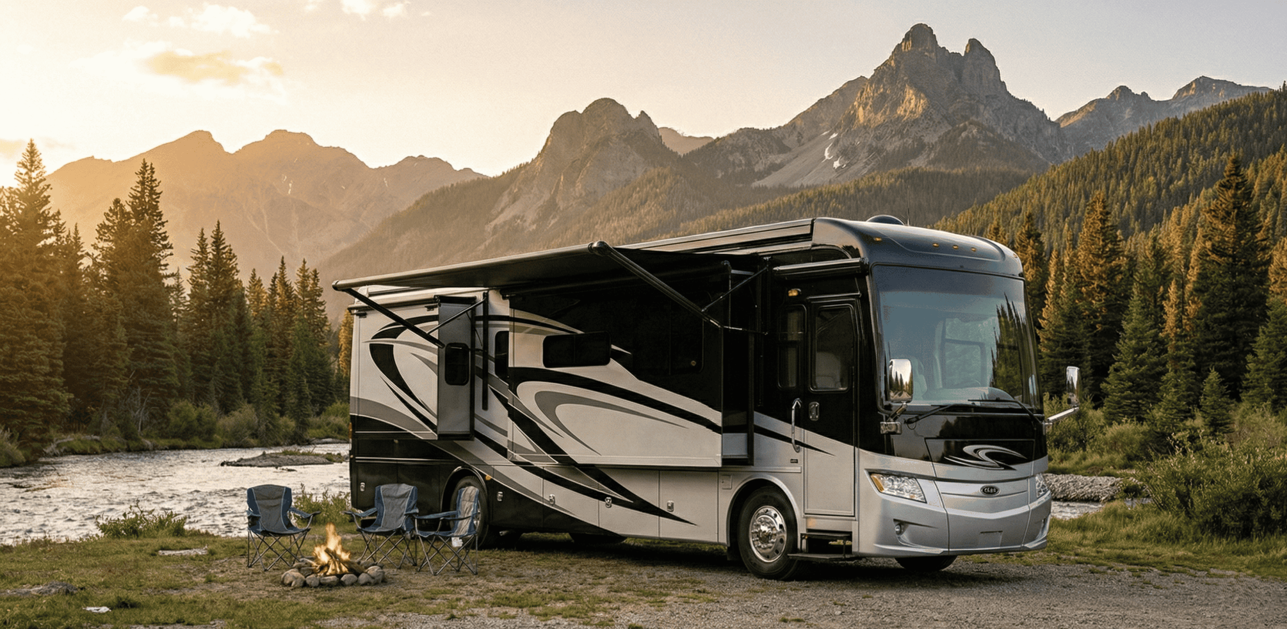 Luxury motorhome in nature. Urban Vista provides bespoke cabinetry and premium interior renovations for RVs across BC.