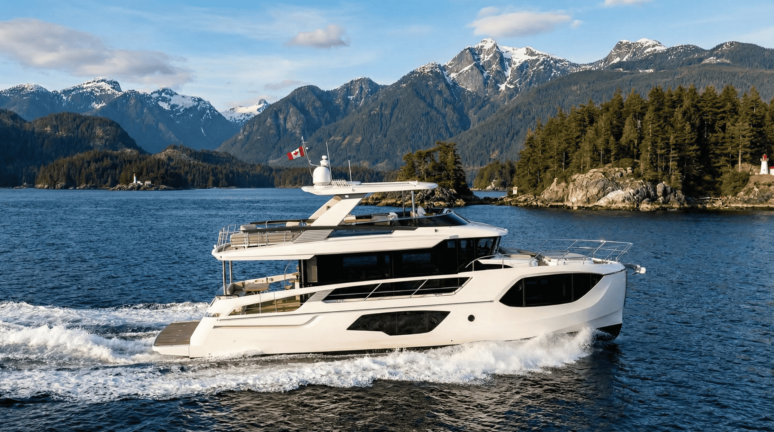 Luxury yacht navigating coastal waters. Urban Vista provides exclusive marine interior millwork for private clients in Victoria.