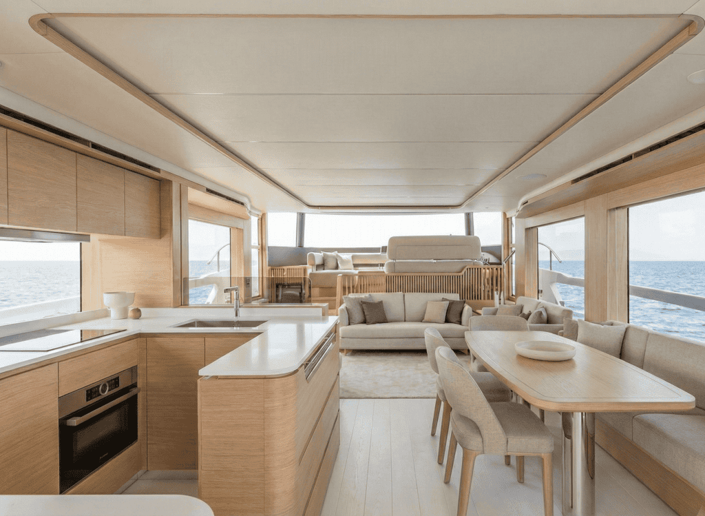 Luxury yacht galley featuring curved light wood cabinetry and panoramic views. Custom marine millwork for Vancouver Island vessels.
