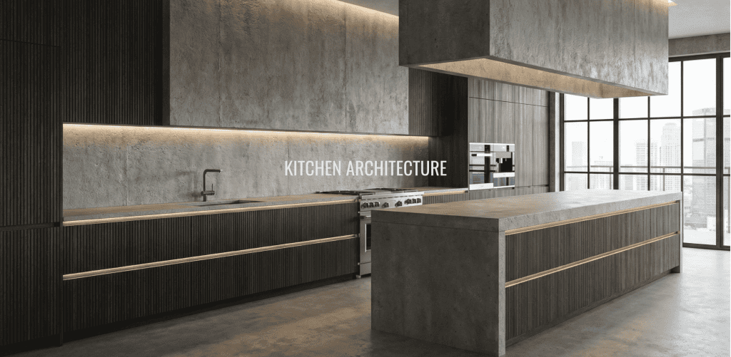 Industrial modern kitchen featuring a concrete island and dark fluted wood cabinetry. Architectural millwork for Vancouver, BC.