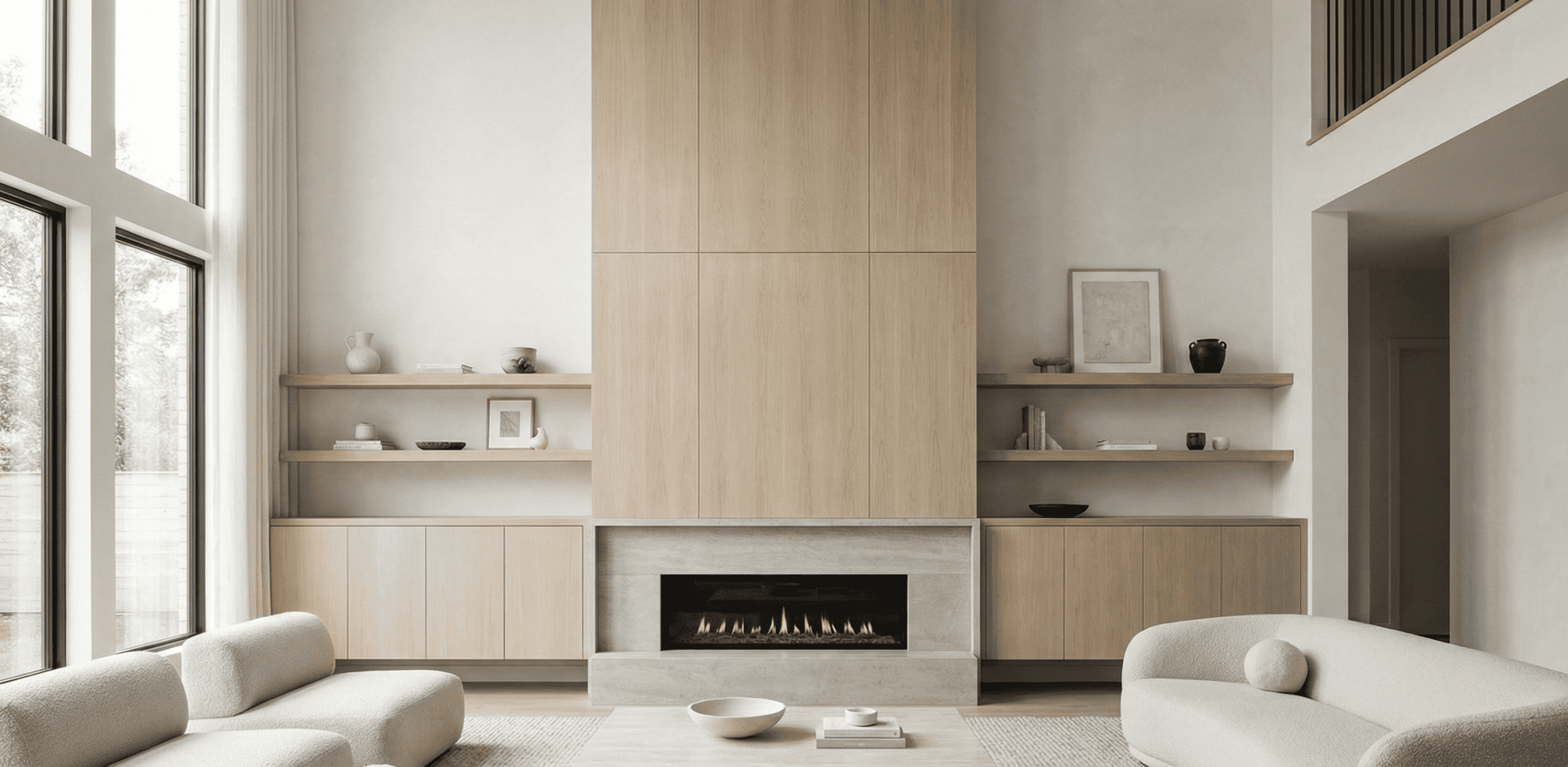 Modern light wood built-in cabinetry and fireplace surround. Custom architectural millwork for a Greater Vancouver luxury home.