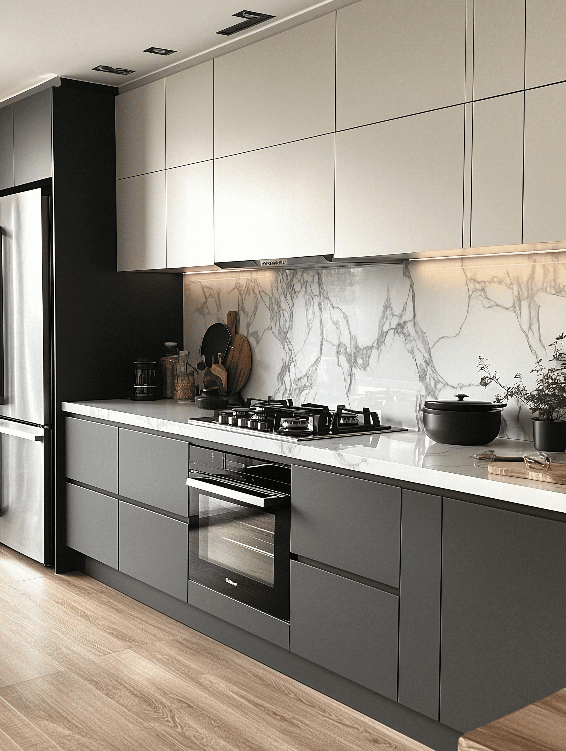 Modern two-tone kitchen cabinetry with marble backsplash. Custom manufactured for a Greater Vancouver luxury home by Urban Vista.