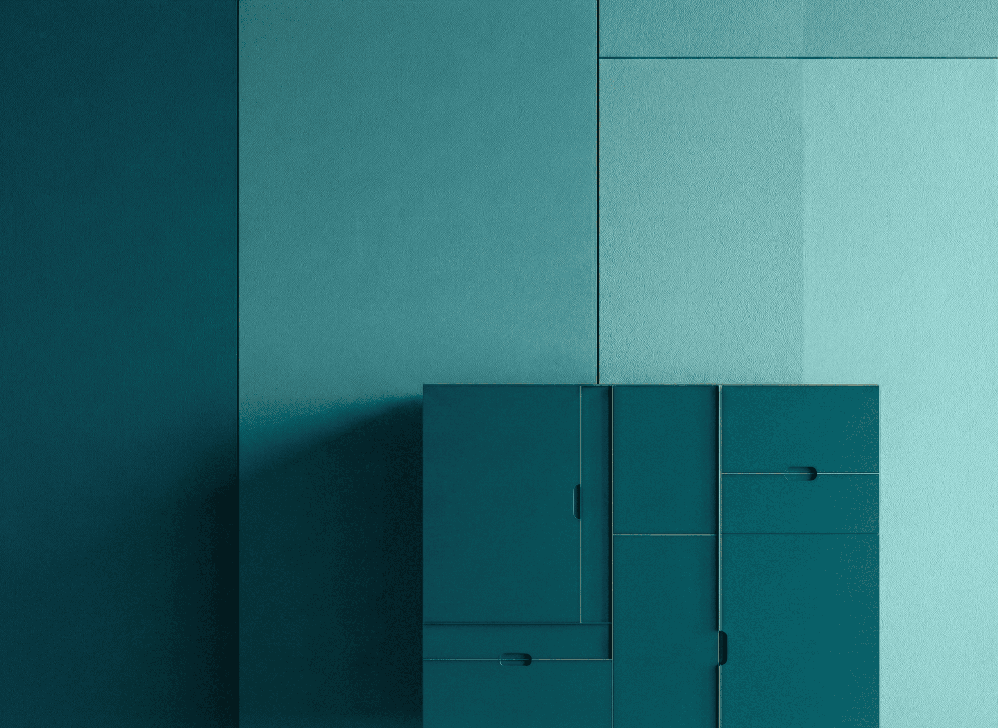 Sophisticated teal lacquer kitchen cabinetry featuring bespoke, non-standard finishes. Custom architectural millwork services for discerning clients in North Vancouver.