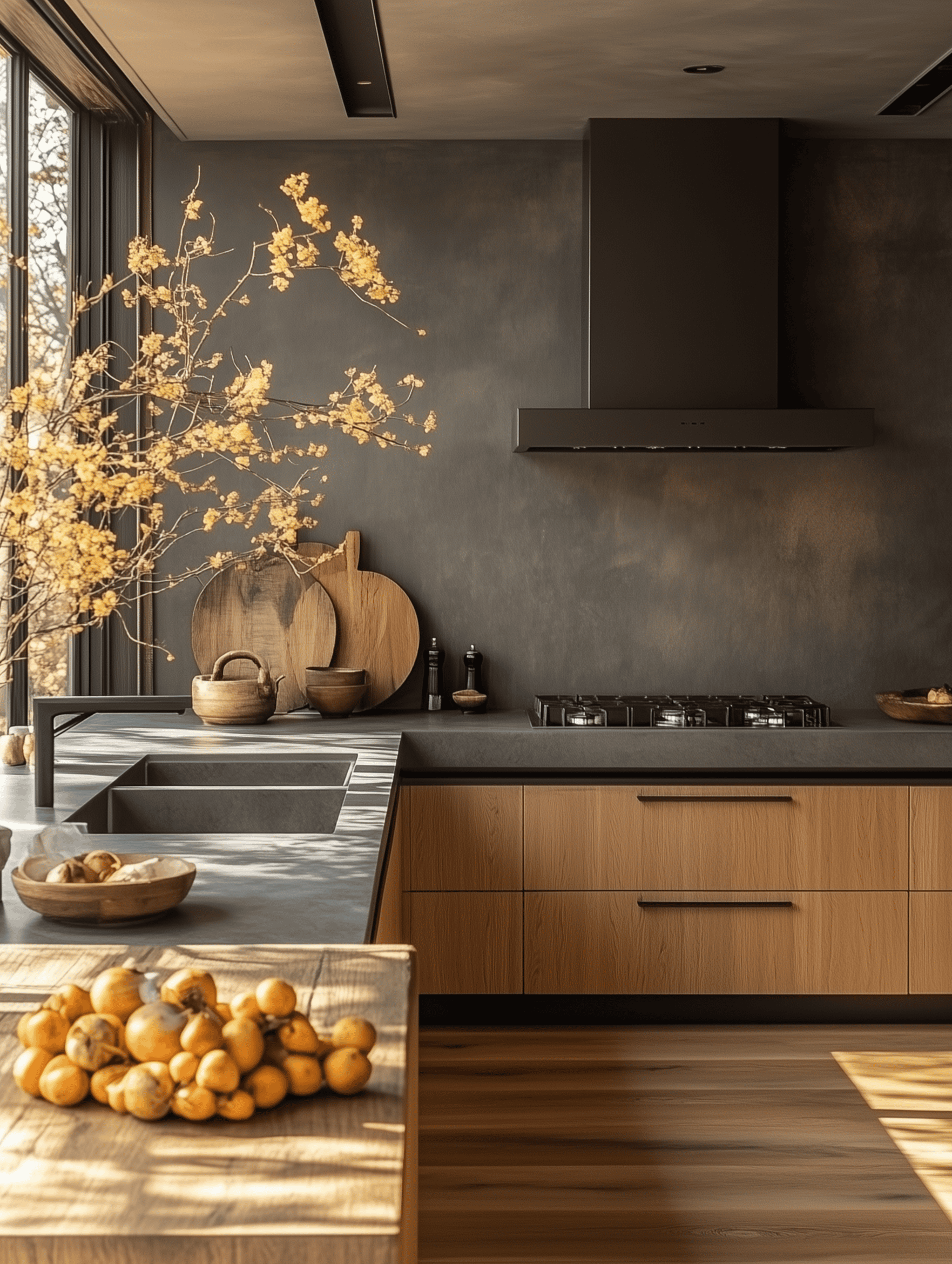 Modern kitchen featuring wood base cabinets and a dark backsplash. Bespoke luxury cabinetry for Greater Vancouver custom homes.