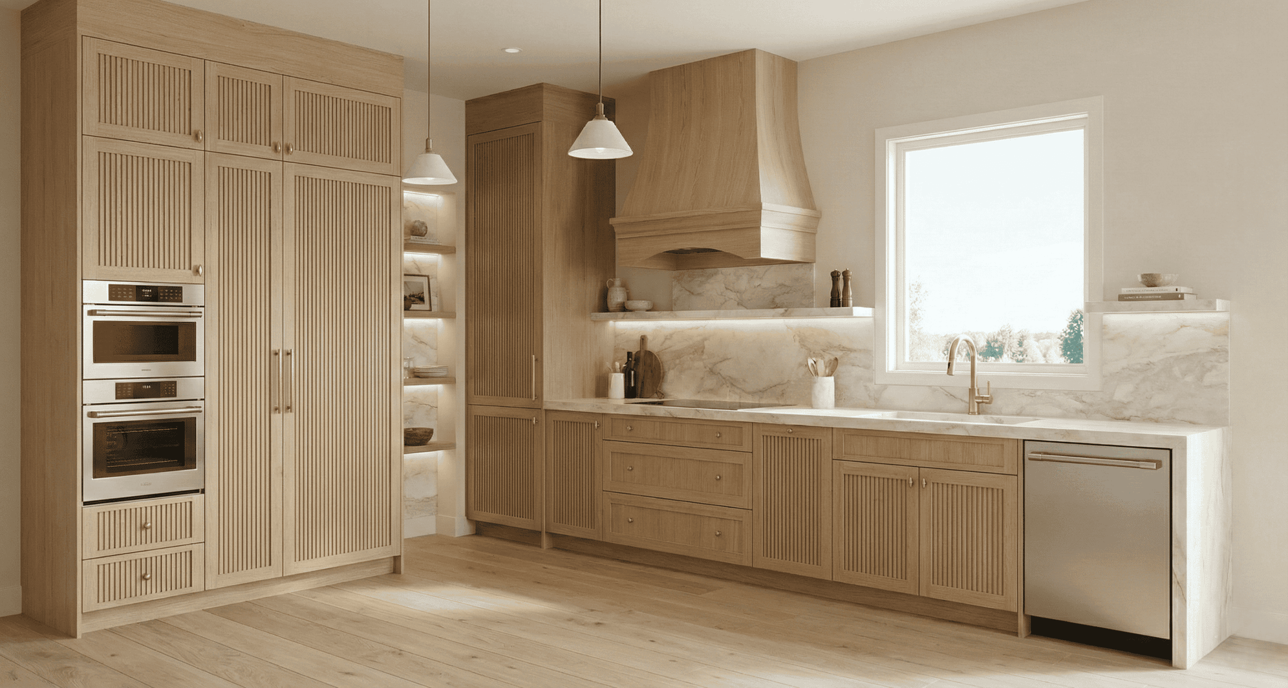 Organic kitchen featuring fluted wood cabinetry and eco-friendly oil finishes. Custom grain matching for Surrey luxury homes.