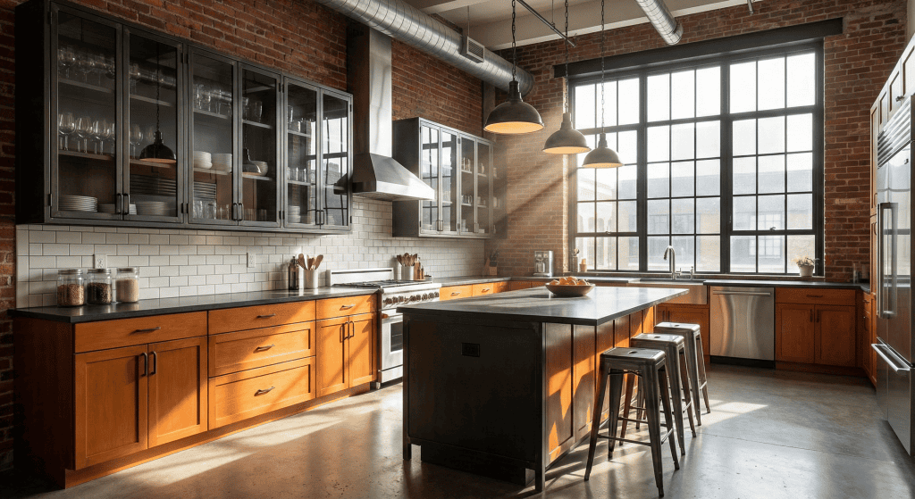 Industrial kitchen featuring wood cabinetry, iron elements, and a brick wall. Premium systems for New Westminster loft developers.