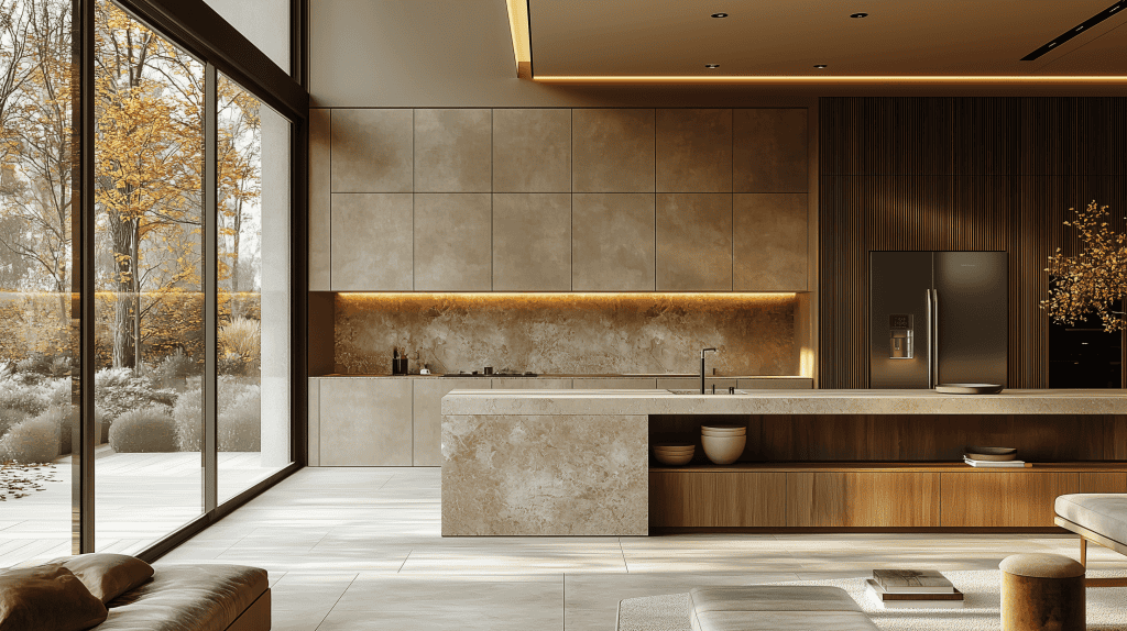 Seamless handleless kitchen featuring a stone finish island and wood paneling. Bespoke manufacturing for Richmond luxury