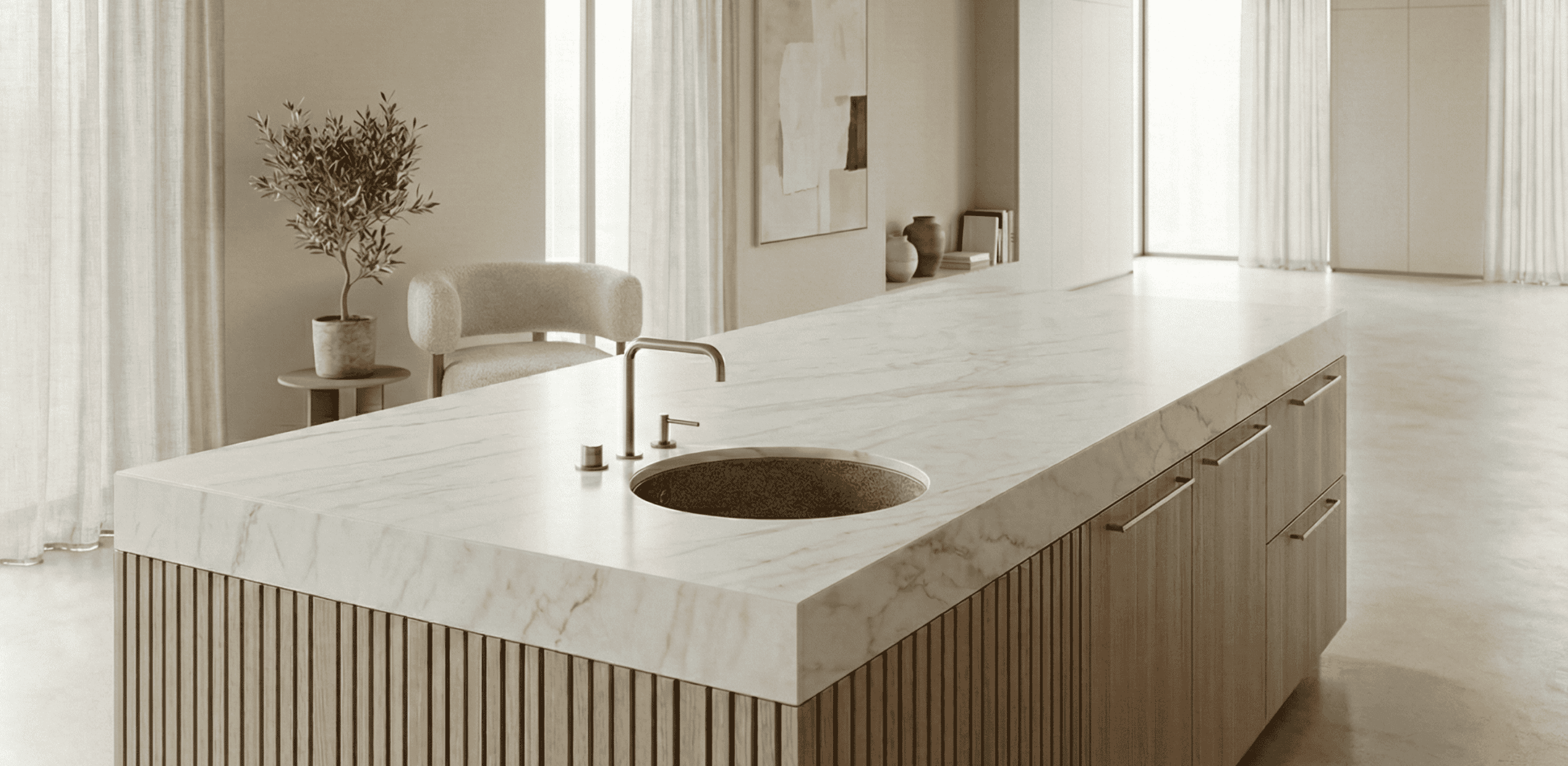Seamlessly integrated stone countertop and fluted wood cabinetry. Bespoke kitchen artistry for modern homes in Coquitlam.