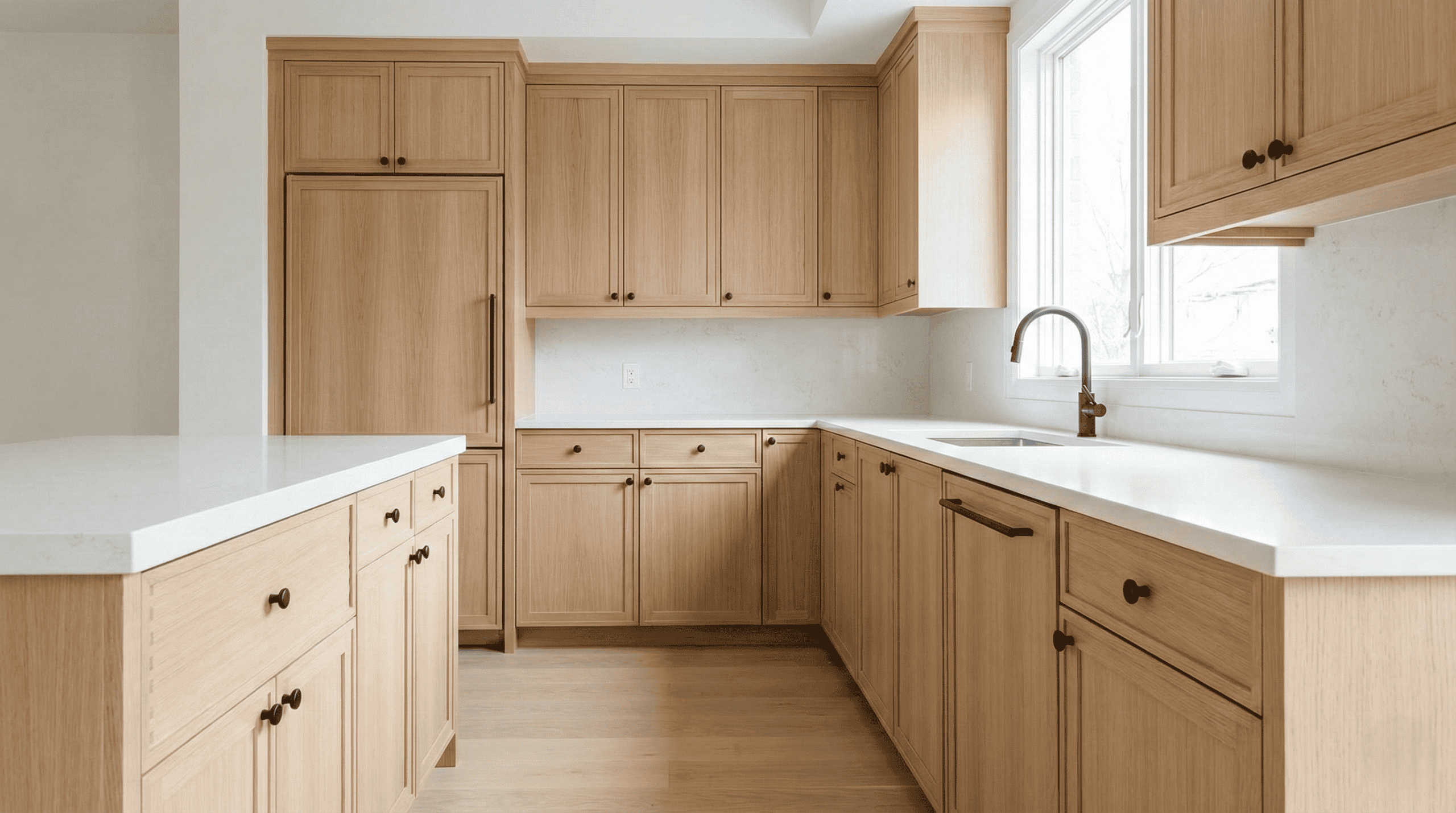 Light wood kitchen featuring slim profile Shaker cabinets and black hardware. Refined classic millwork designed for North Vancouver.