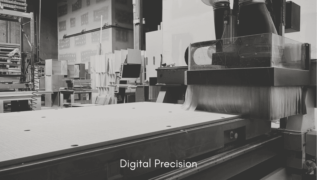 Digital precision CNC machining at Urban Vista’s 20,000 sq. ft. manufacturing center, producing complex, bespoke cabinetry components in Port Coquitlam, BC.
