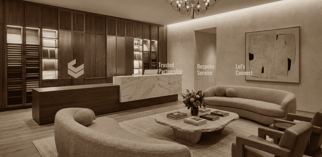 Lounge area and reception at Urban Vista's luxury custom cabinetry showroom Vancouver.