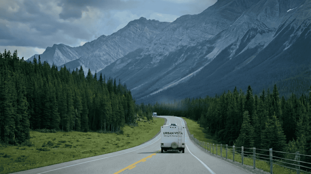 Urban Vista RV driving on a mountain road. We engineer bespoke interior cabinetry and woodwork for Vancouver Island mobile homes.