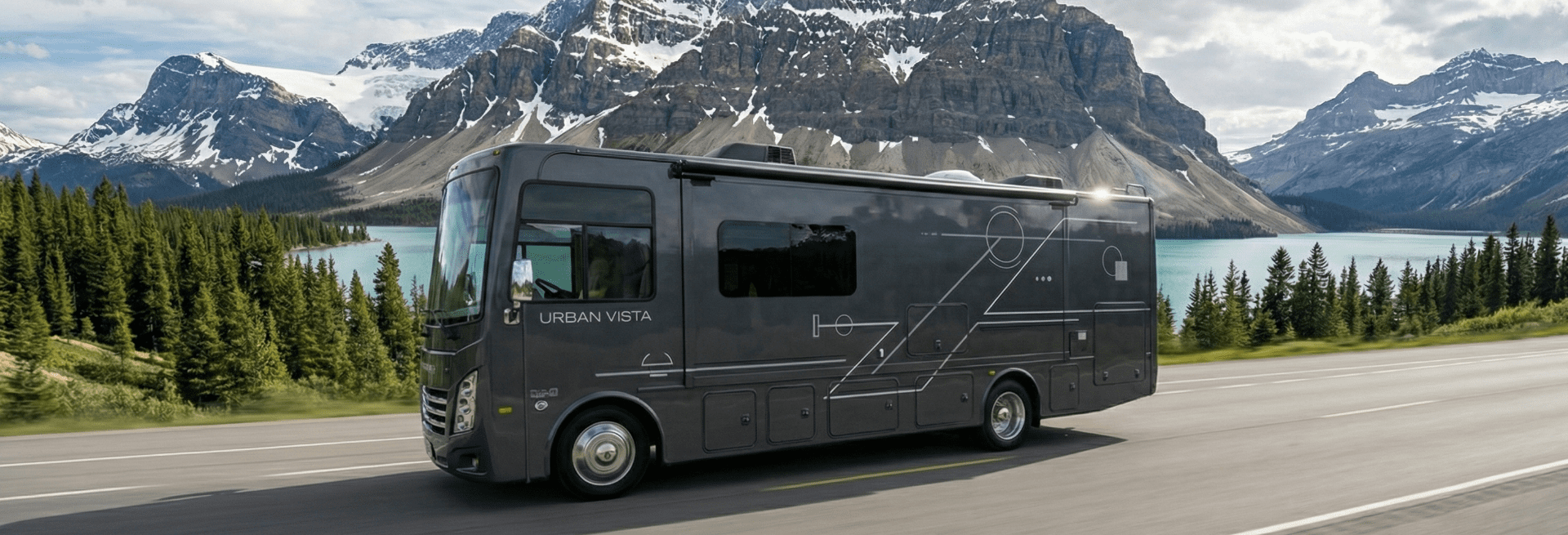 Urban Vista Land Yacht driving by a mountain lake. The pinnacle of mobile architecture and bespoke joinery in Vancouver, BC.