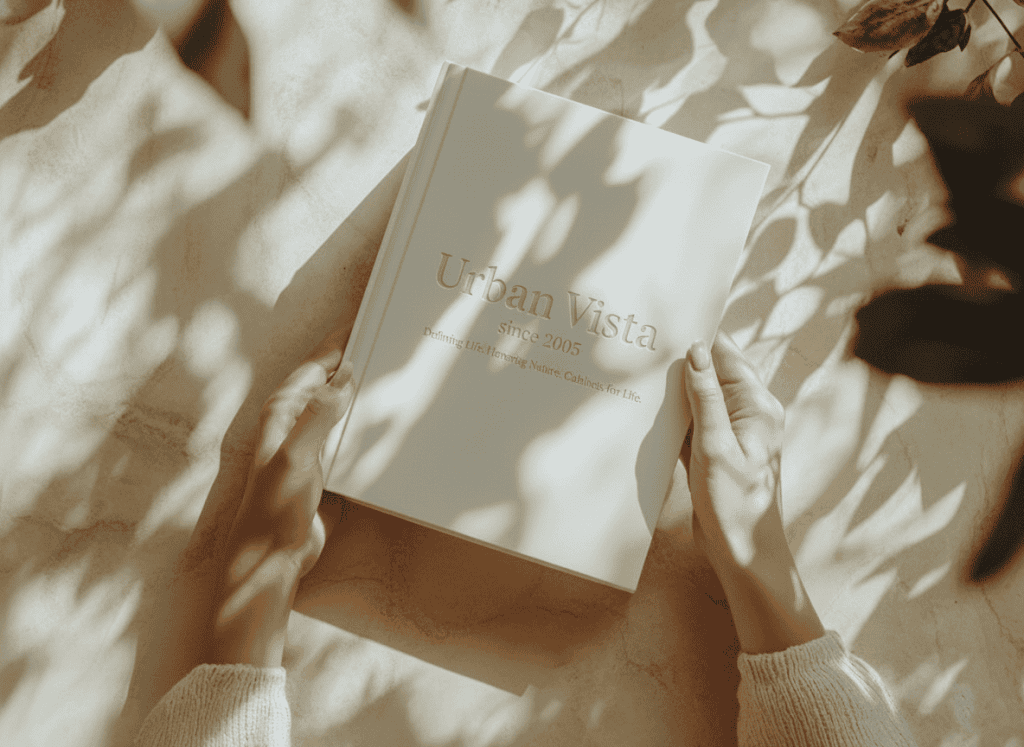 Hands holding the Urban Vista design book. Since 2005, crafting bespoke luxury cabinetry for Greater Vancouver custom homes.