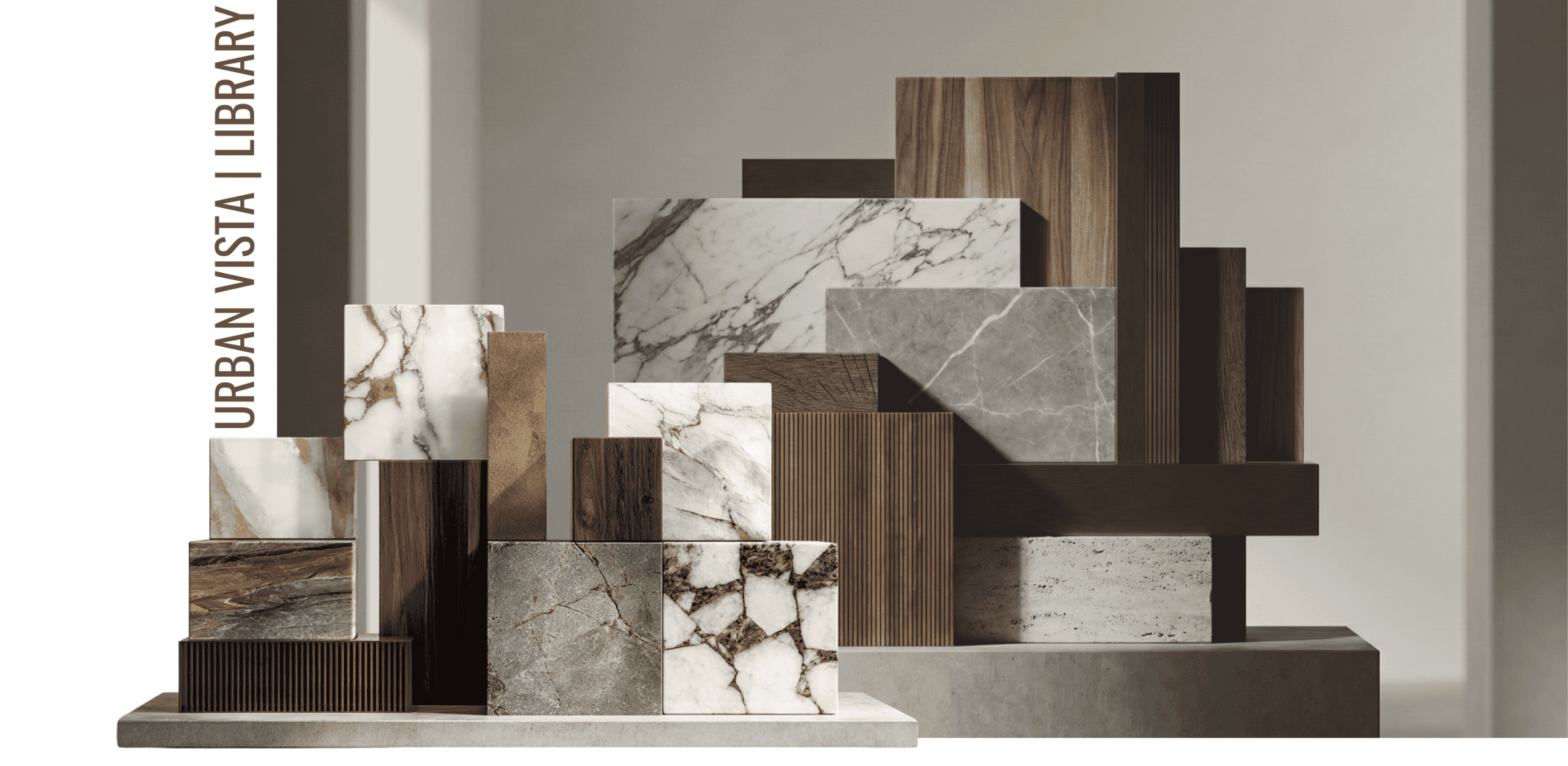 Curated library of premium custom cabinetry materials Vancouver including marble, wood, and ribbed panels.