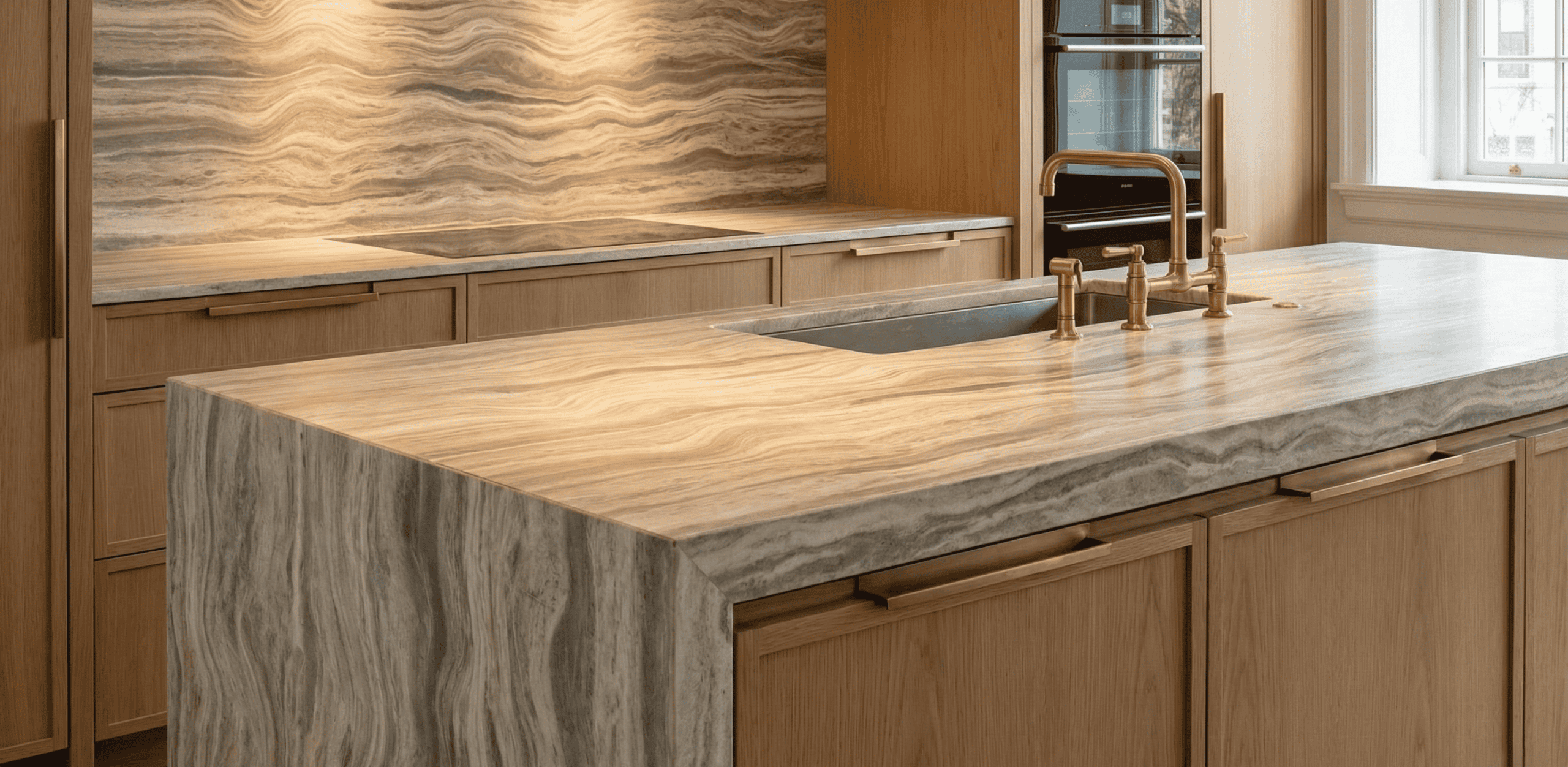 Custom kitchen cabinetry showcasing natural stone with wood-like veins. Establishing emotional bonds through bespoke millwork in Maple Ridge.