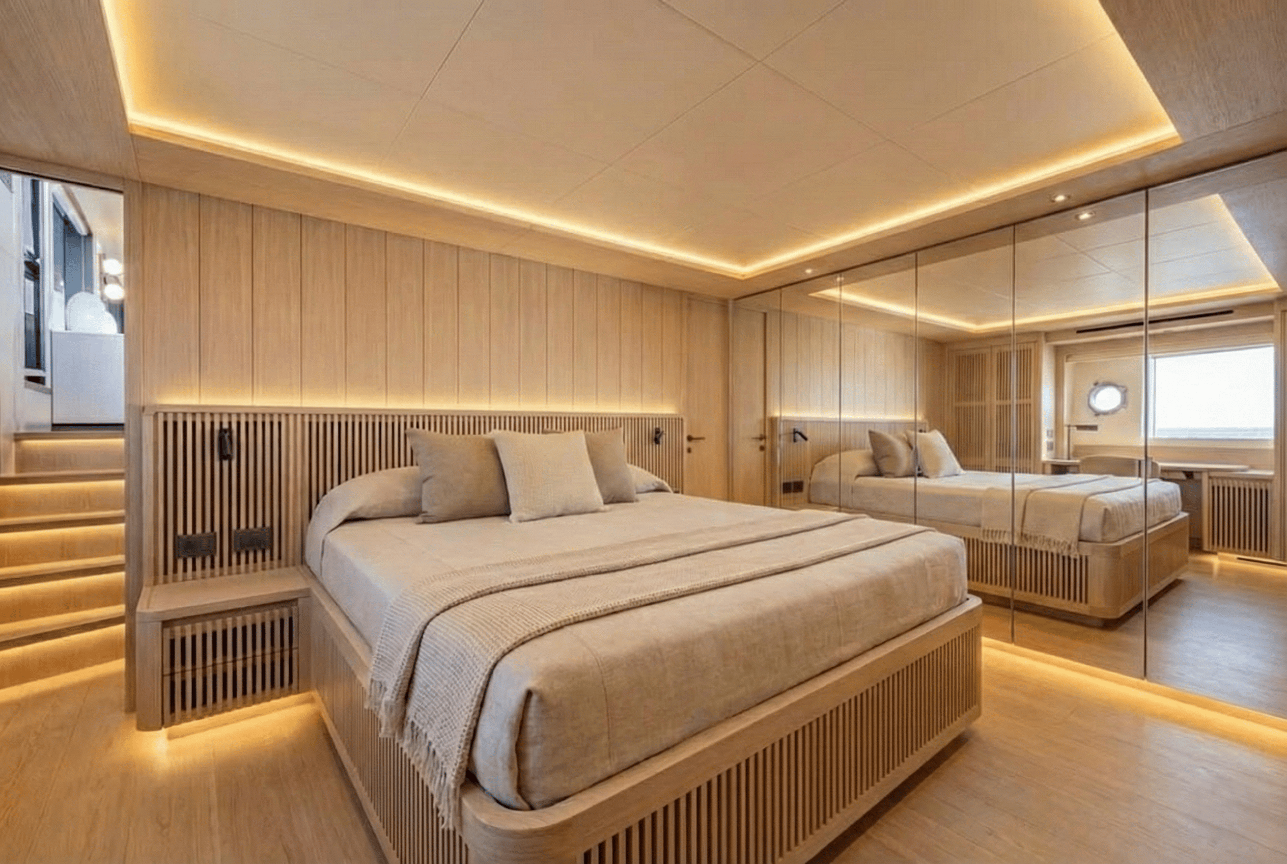 Luxurious yacht stateroom with fluted wood paneling and a mirrored wardrobe. Bespoke marine engineering for Seattle boat builders.