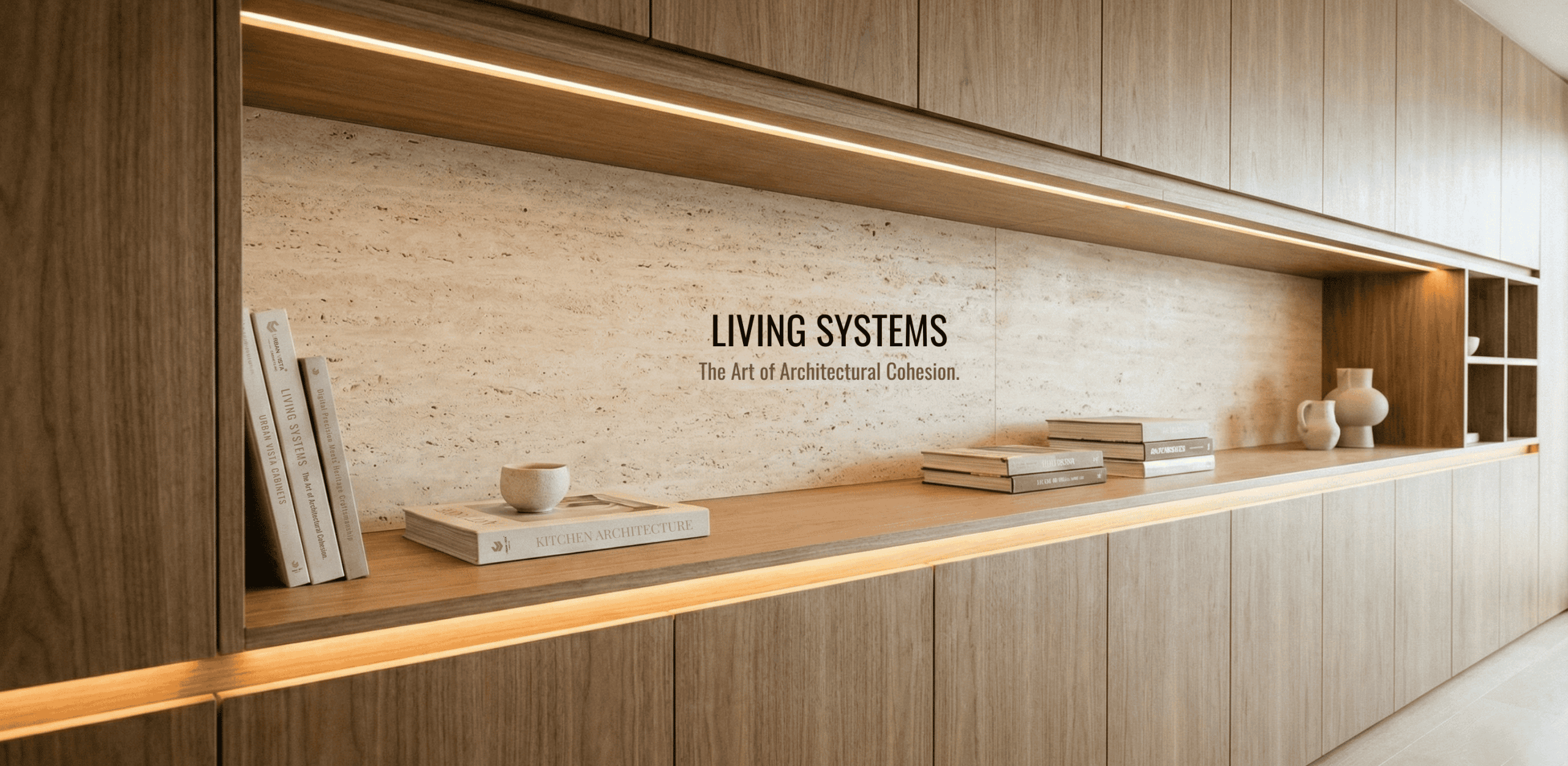 Hero banner for kitchen living systems, showcasing warm wood custom cabinetry, seamless integrated lighting, and a travertine backsplash. Representing the art of architectural cohesion for luxury homes in Vancouver.
