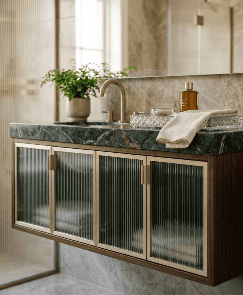 Boutique hotel-style floating vanity blending rich walnut millwork with fluted glass doors, brass framing, and a striking green marble countertop for luxury penthouses in Seattle, WA.