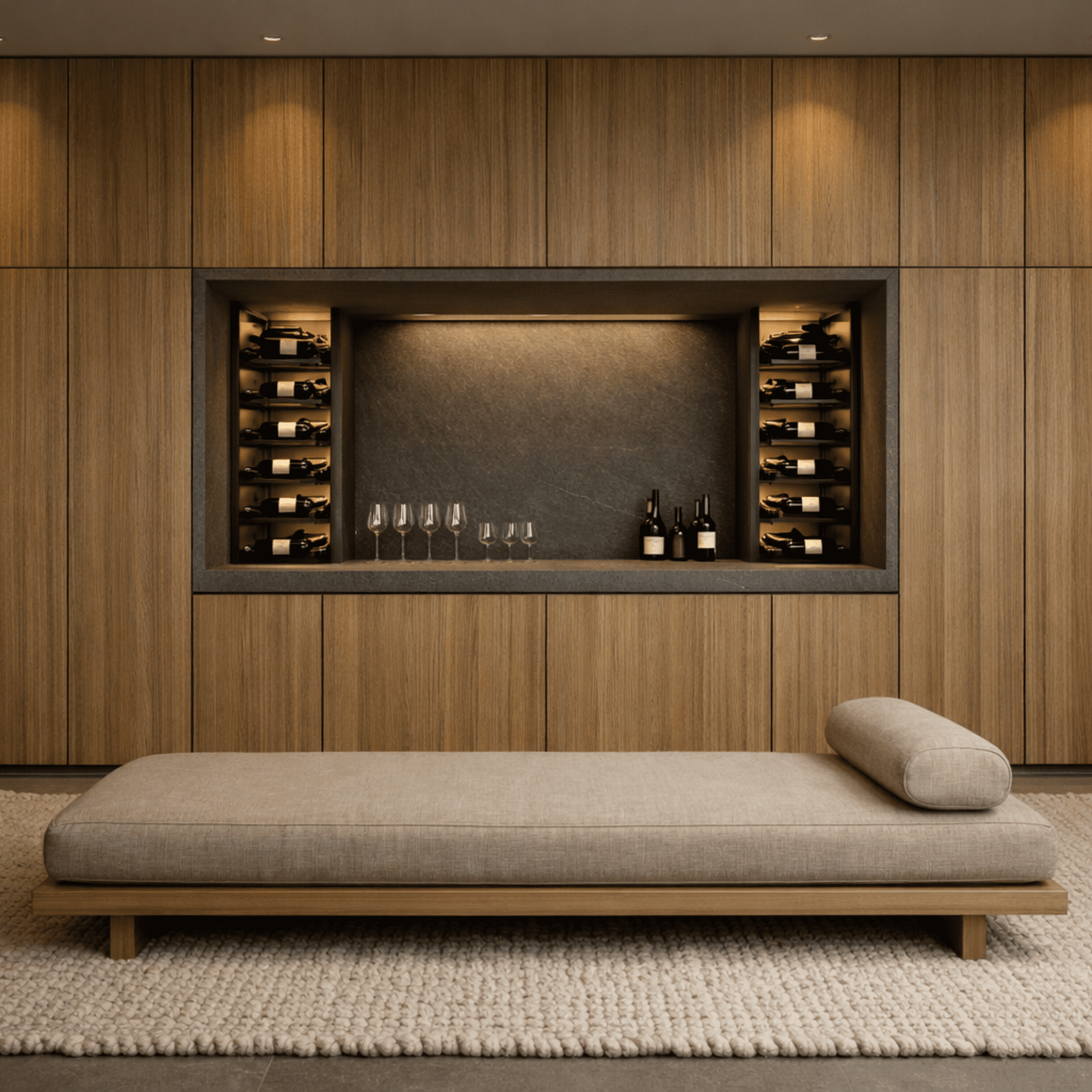 Sophisticated beverage integration featuring a custom-recessed stone wine niche. Architectural cabinetry designed to offer a peaceful, luxury tasting experience in West Vancouver homes.