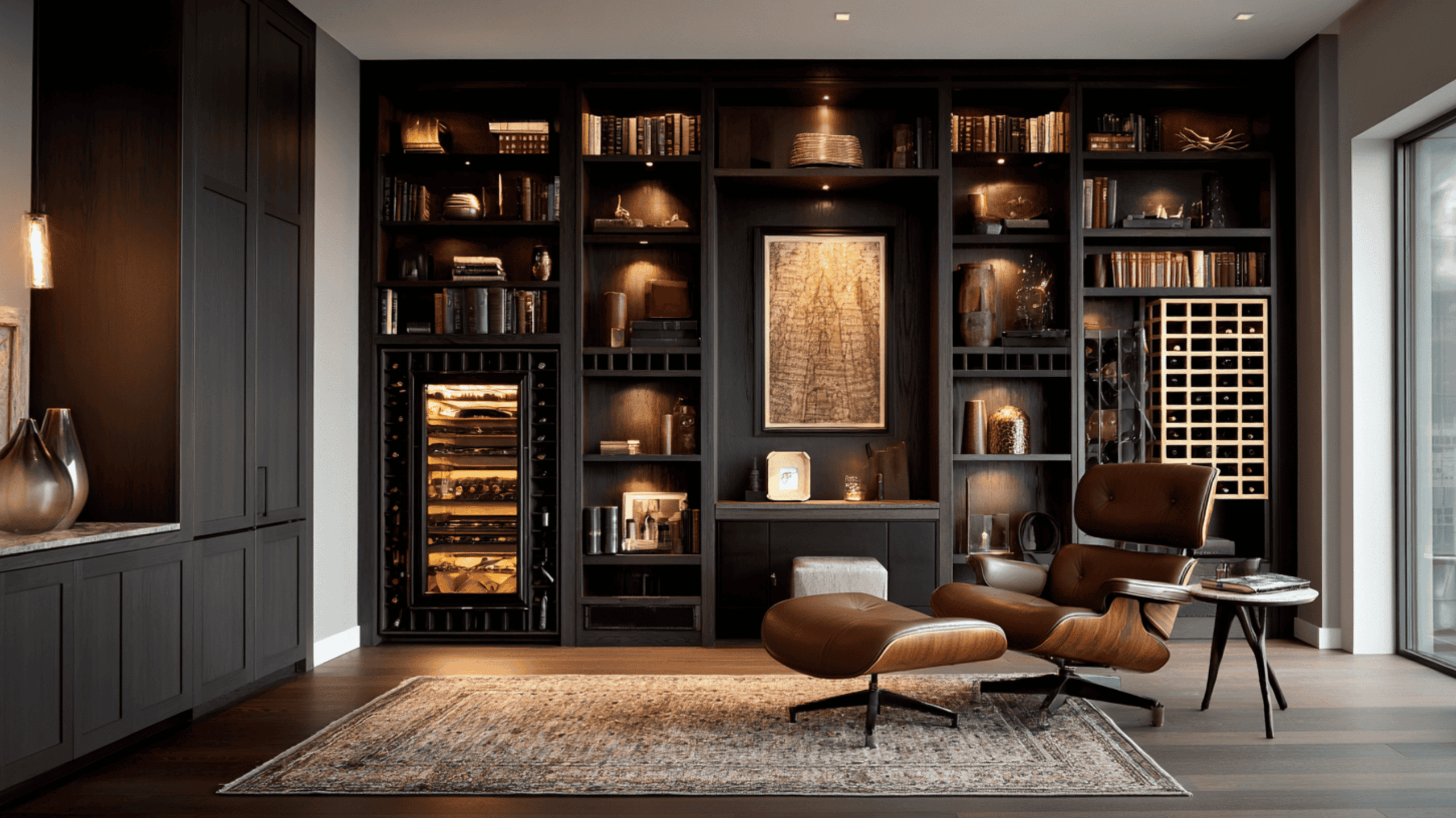Sophisticated dark wood cabinetry integrating a library bookshelf and custom wine display grid. Tailored architectural millwork for gentleman's lounges and luxury estates in Victoria, BC.