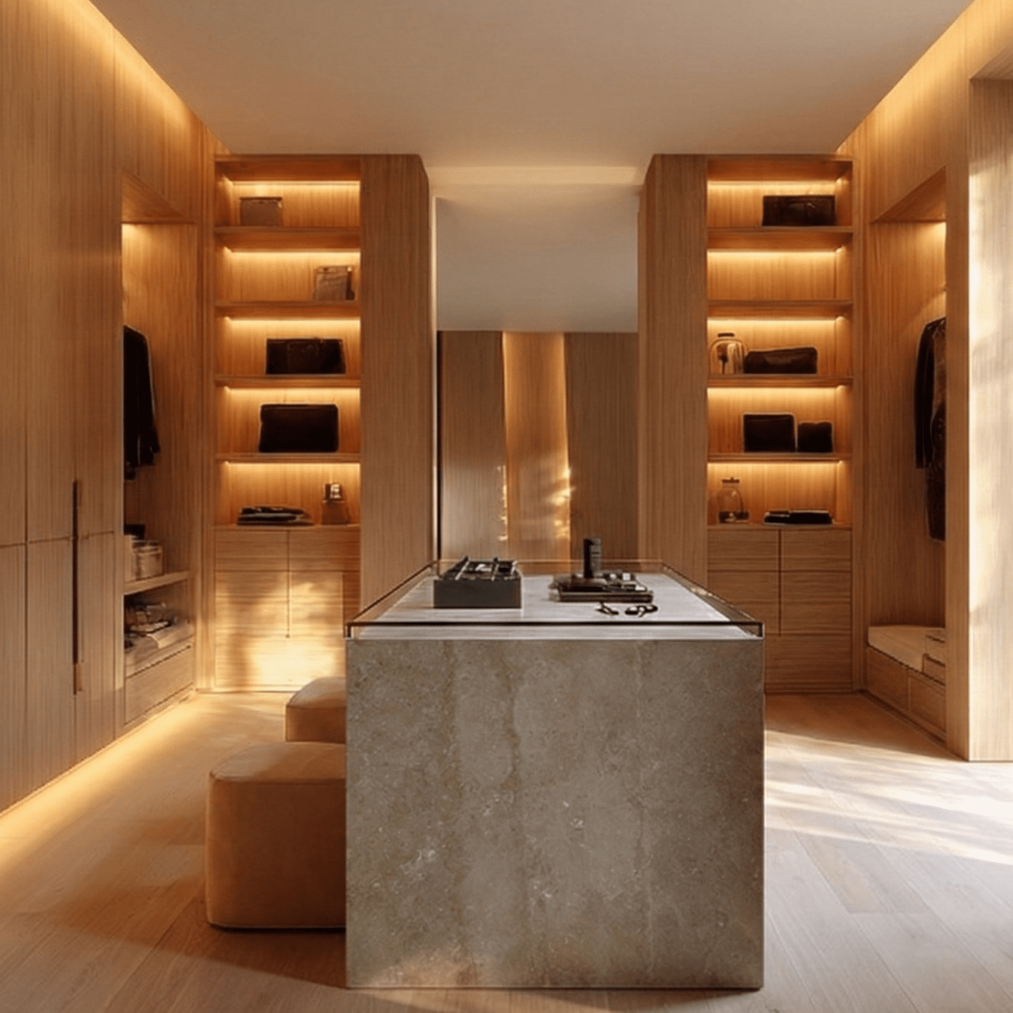 Elegant luxury dressing room suite crafted in warm light oak, featuring comprehensive illuminated shelving and a statement central stone island. Custom high-end suite cabinetry for homes in North Vancouver, BC.
