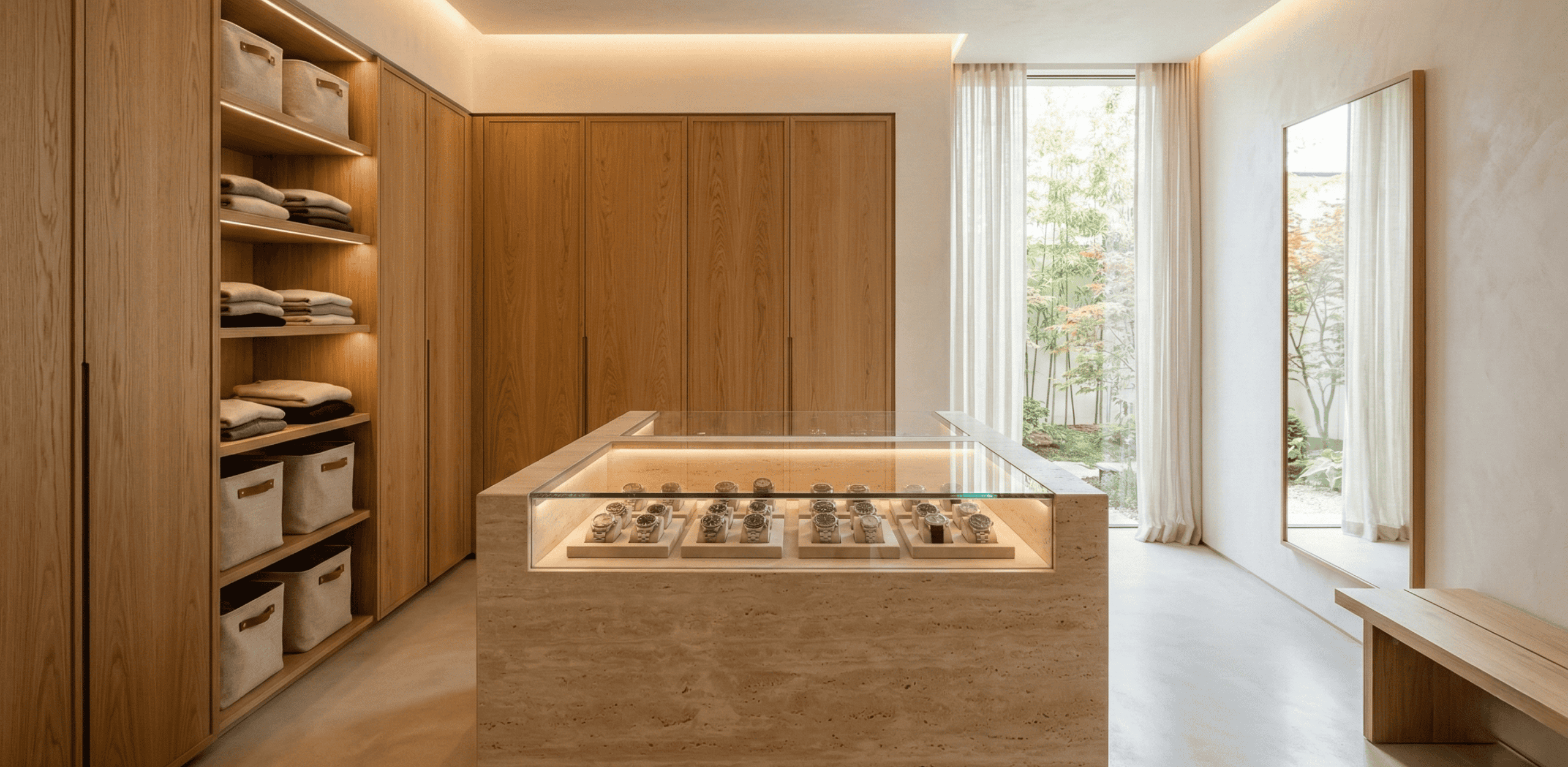 Minimalist boutique-style dressing room crafted in natural white oak. Features a glass-top display island and seamless cabinetry for luxury estates in Richmond, BC.