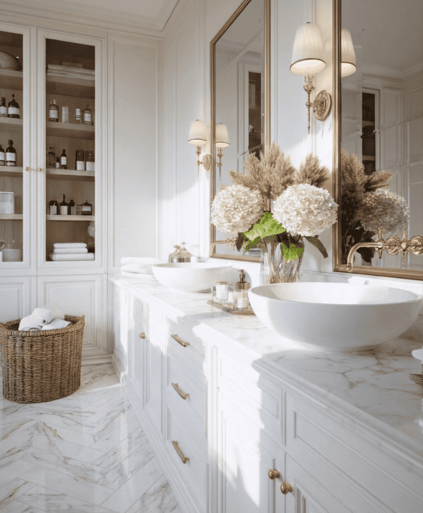 Classic luxury primary bathroom featuring a custom white double vanity with brass fixtures, white marble countertops, and integrated glass display cabinetry in South Surrey, BC.