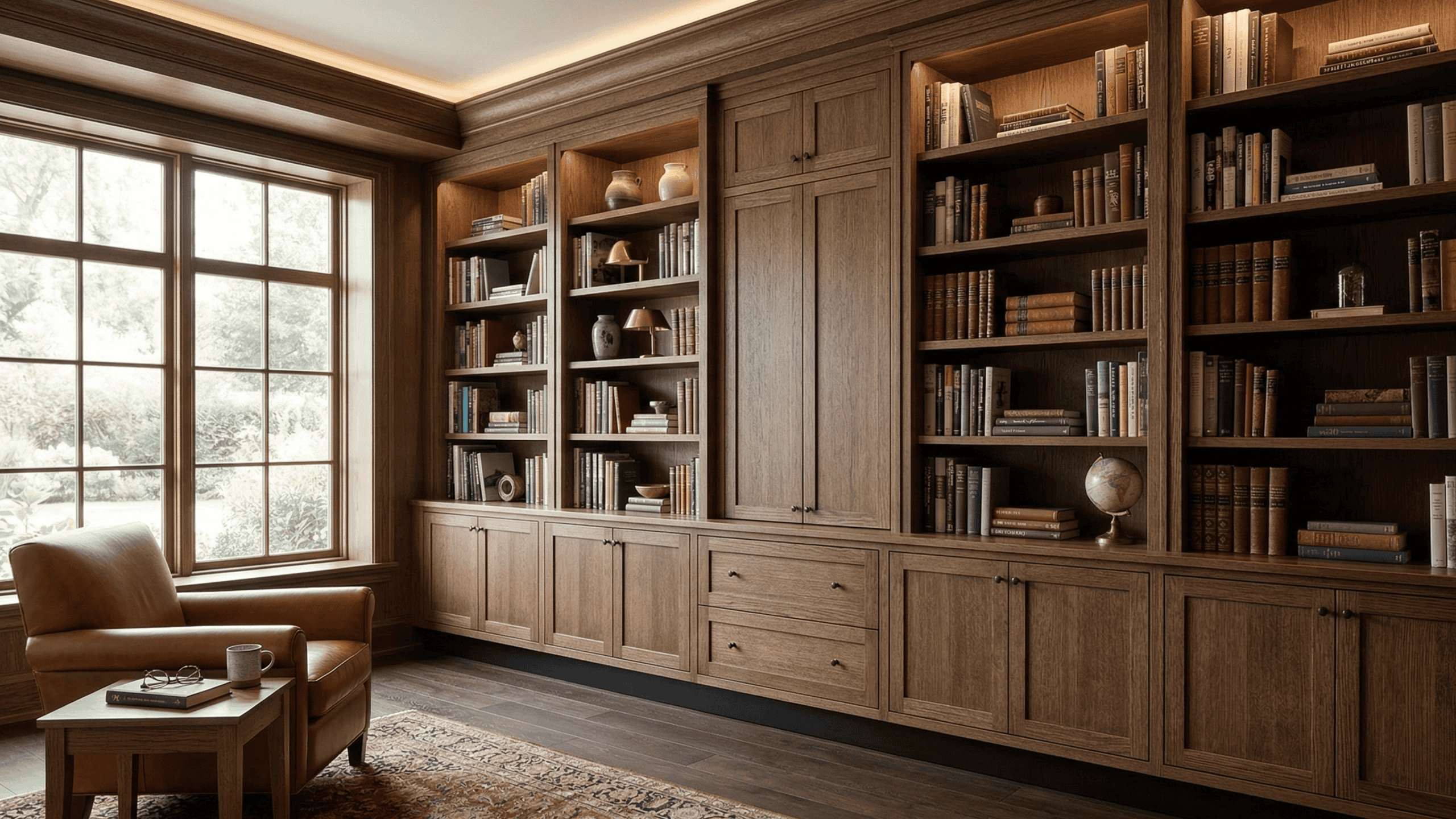 Classic traditional home library showcasing floor-to-ceiling warm oak bookshelves and custom display cabinetry. Heritage-grade millwork designed for luxury estate homes in West Vancouver.