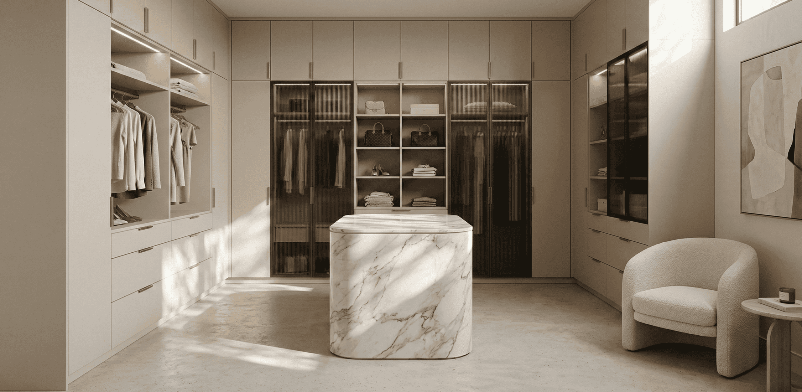 Bespoke contemporary walk-in closet featuring fluted glass doors, matte finishes, and a custom marble island. Luxury residential millwork designed for West Vancouver homes.