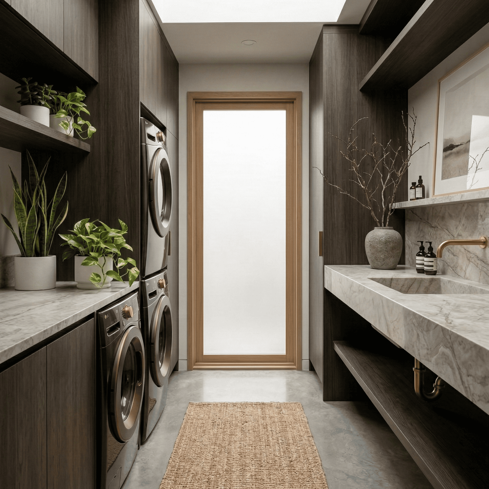 Sophisticated dark wood laundry room featuring stacked appliance integration, a thick marble sink, and custom overhead cabinetry. Moody high-end utility room millwork designed for luxury homes in Burnaby, BC.