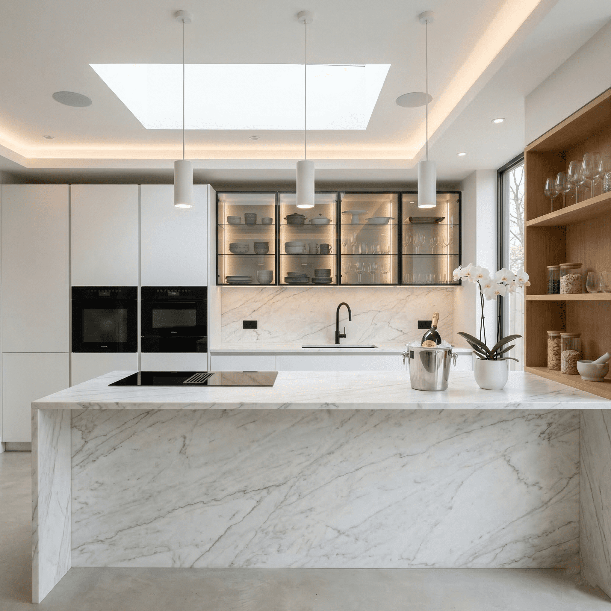Sleek European minimalist kitchen featuring metal-framed glass upper cabinets with integrated lighting, seamless white millwork, and a monolithic marble island. Bespoke modern cabinetry in Vancouver, BC.