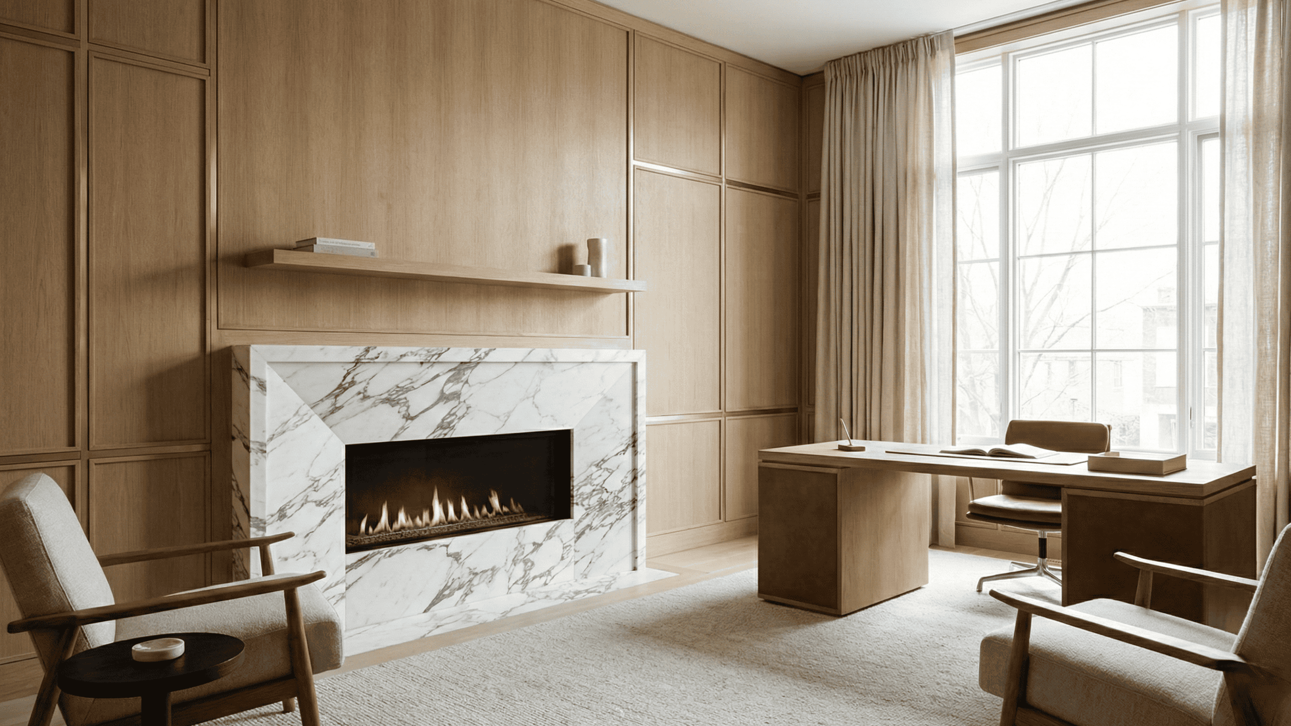 Bright executive home office featuring seamless white oak wall paneling and a custom marble fireplace surround. Sophisticated architectural workspace design in North Vancouver, BC.