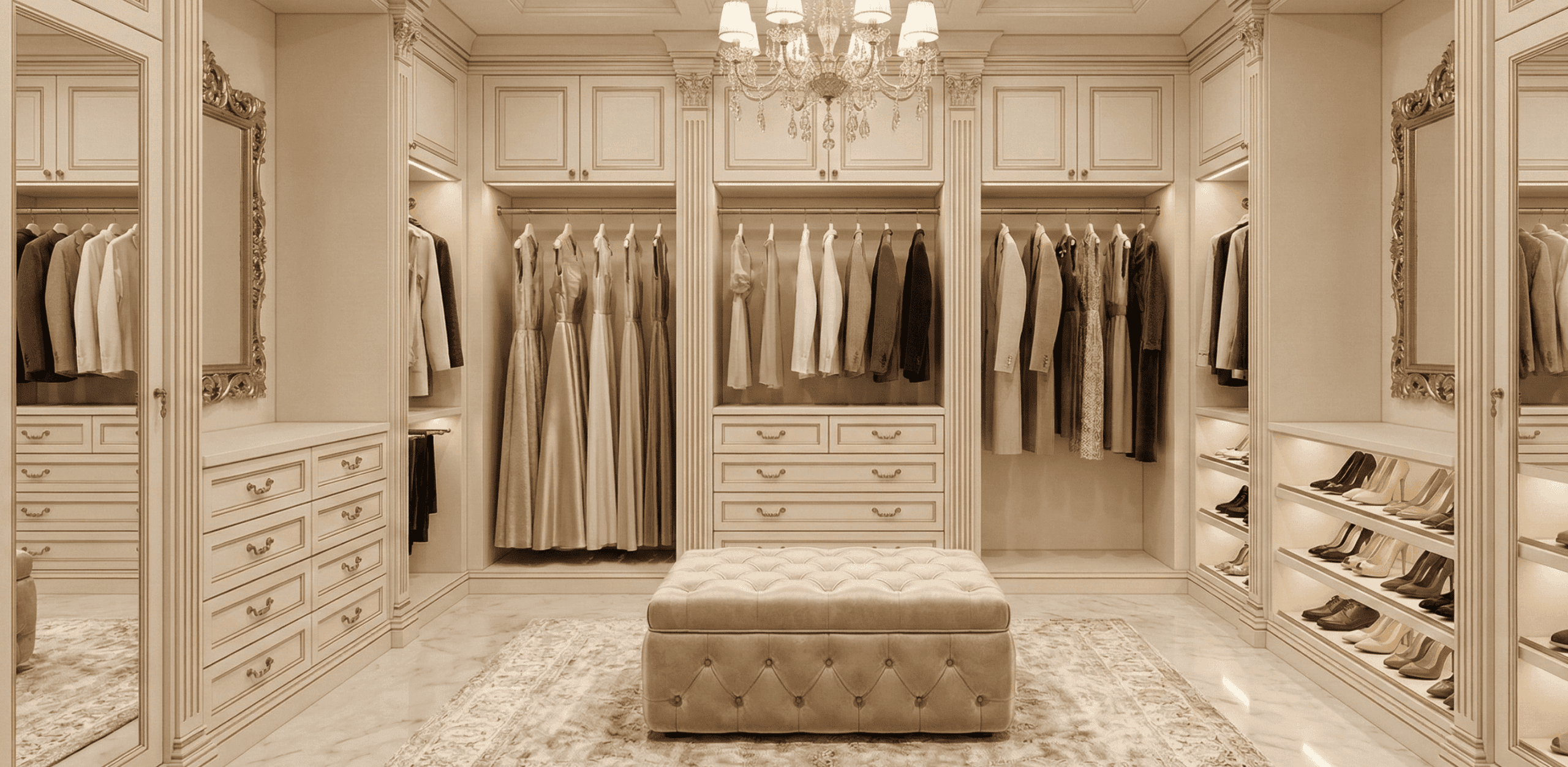Elegant classic walk-in wardrobe with ornate molding, gold hardware, and a central tufted ottoman. Timeless bespoke cabinetry crafted for luxury estate homes in West Vancouver.