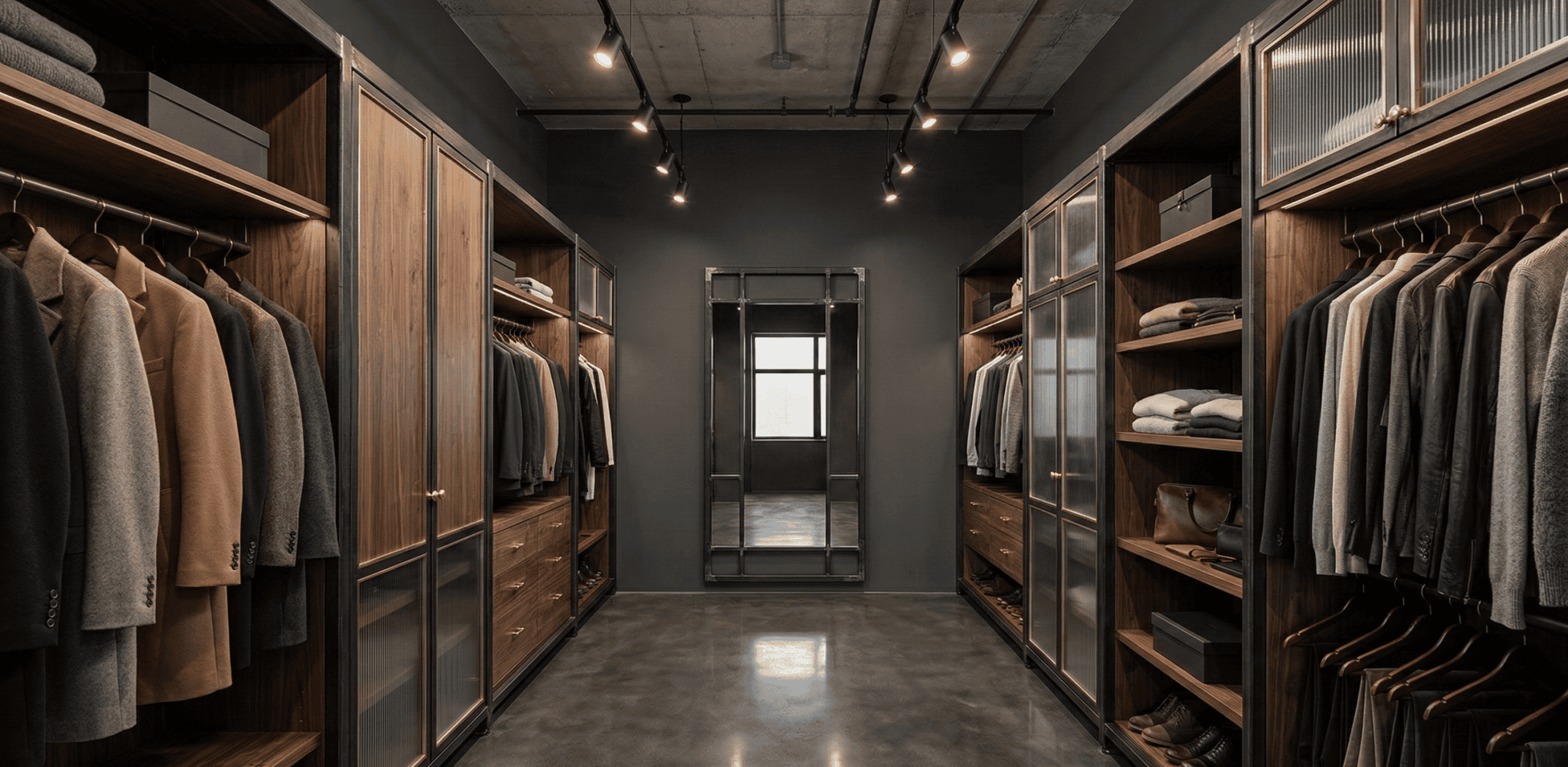 Moody industrial-chic men's wardrobe blending dark wood millwork with architectural metal framing and textured glass. Premium custom closet engineering for luxury penthouses and modern lofts in Seattle, WA.