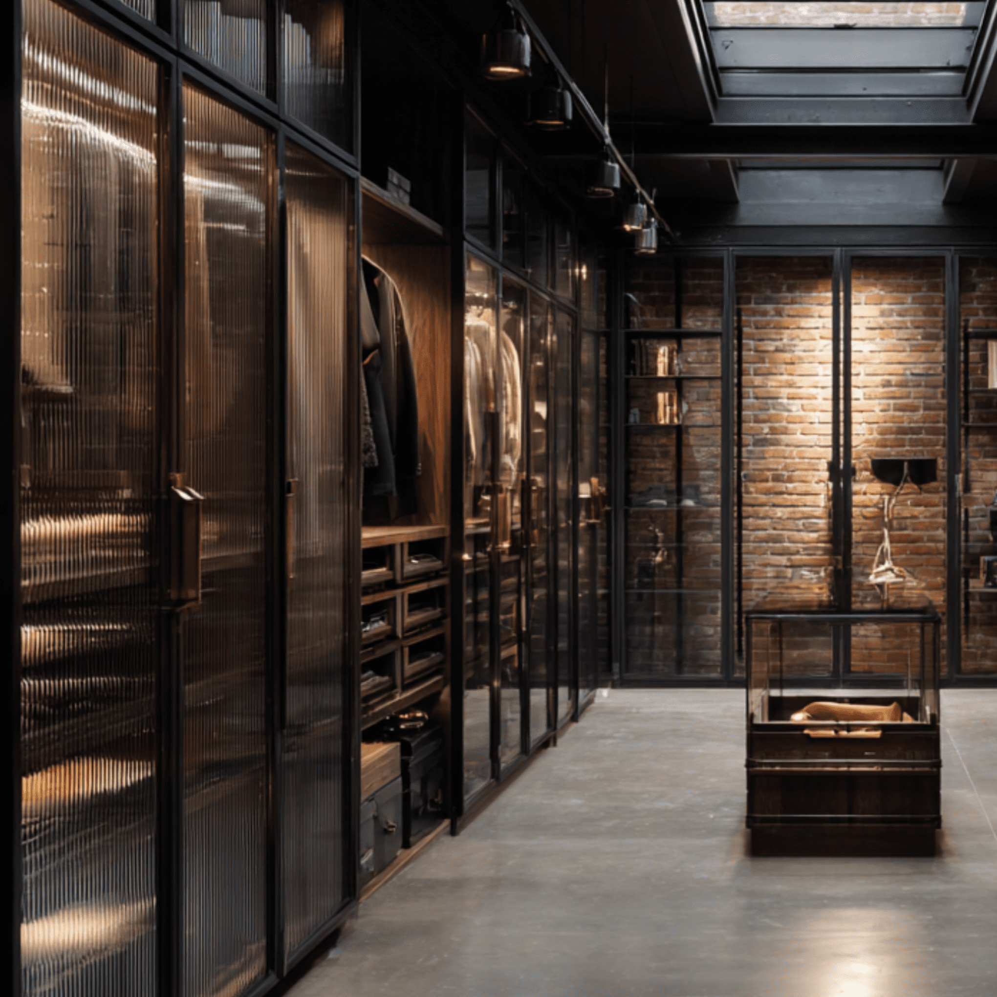 Custom industrial-chic walk-in wardrobe featuring metal-framed glass cabinets, raw brick wall texture, and bespoke lighting systems. Luxury loft-style millwork for boutique homes in Victoria, BC.