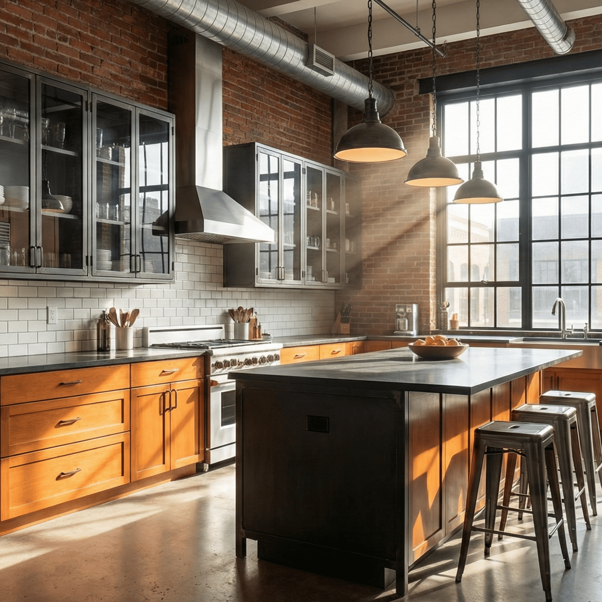 Industrial style loft kitchen featuring custom warm wood lower cabinets, metal-framed glass upper displays, and seamless brick wall integration. Bespoke architectural millwork for penthouses in Vancouver, BC.