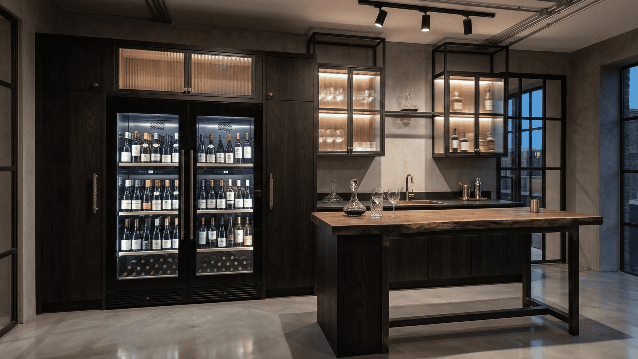 Industrial luxury home bar design showcasing a live-edge wood tasting island, matte dark cabinetry, and fluted glass upper displays. Bespoke entertaining spaces and millwork in Port Moody, BC.