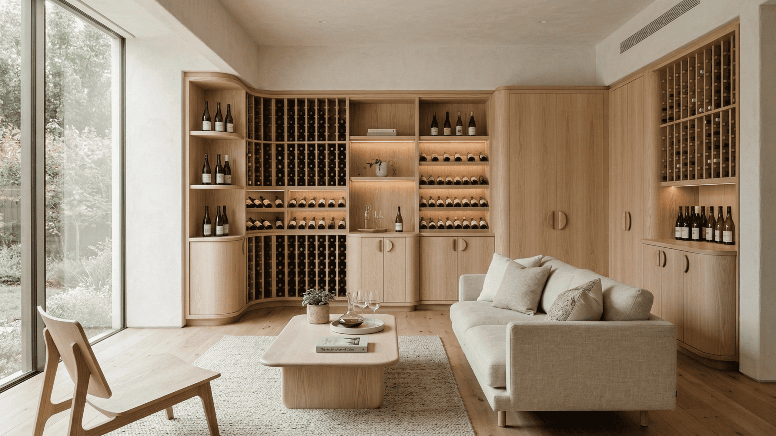 Bright Japandi-style living room featuring a custom light oak wine wall with curved cabinet details and extensive bottle grids. Seamless minimalist architectural millwork in White Rock, BC.